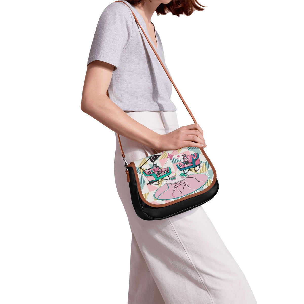 Atomic Reading Cats, Kitschy Mod Shoulder Bag - Mid Century Modern Gal