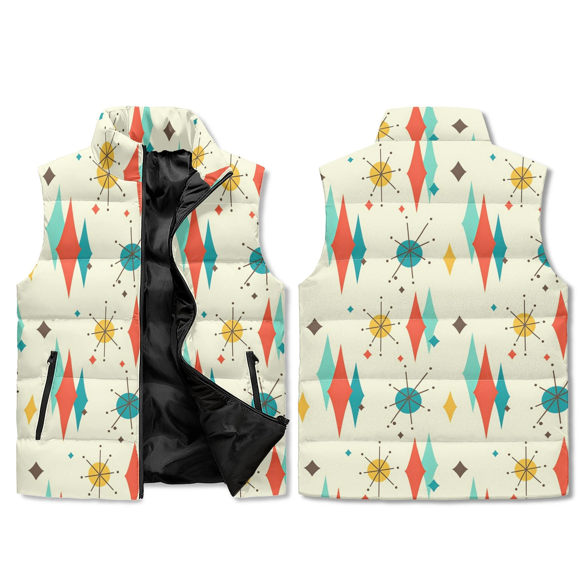 Mid Century Modern Franciscan Starburst Retro Lightweight Puffer Vest - Mid Century Modern Gal