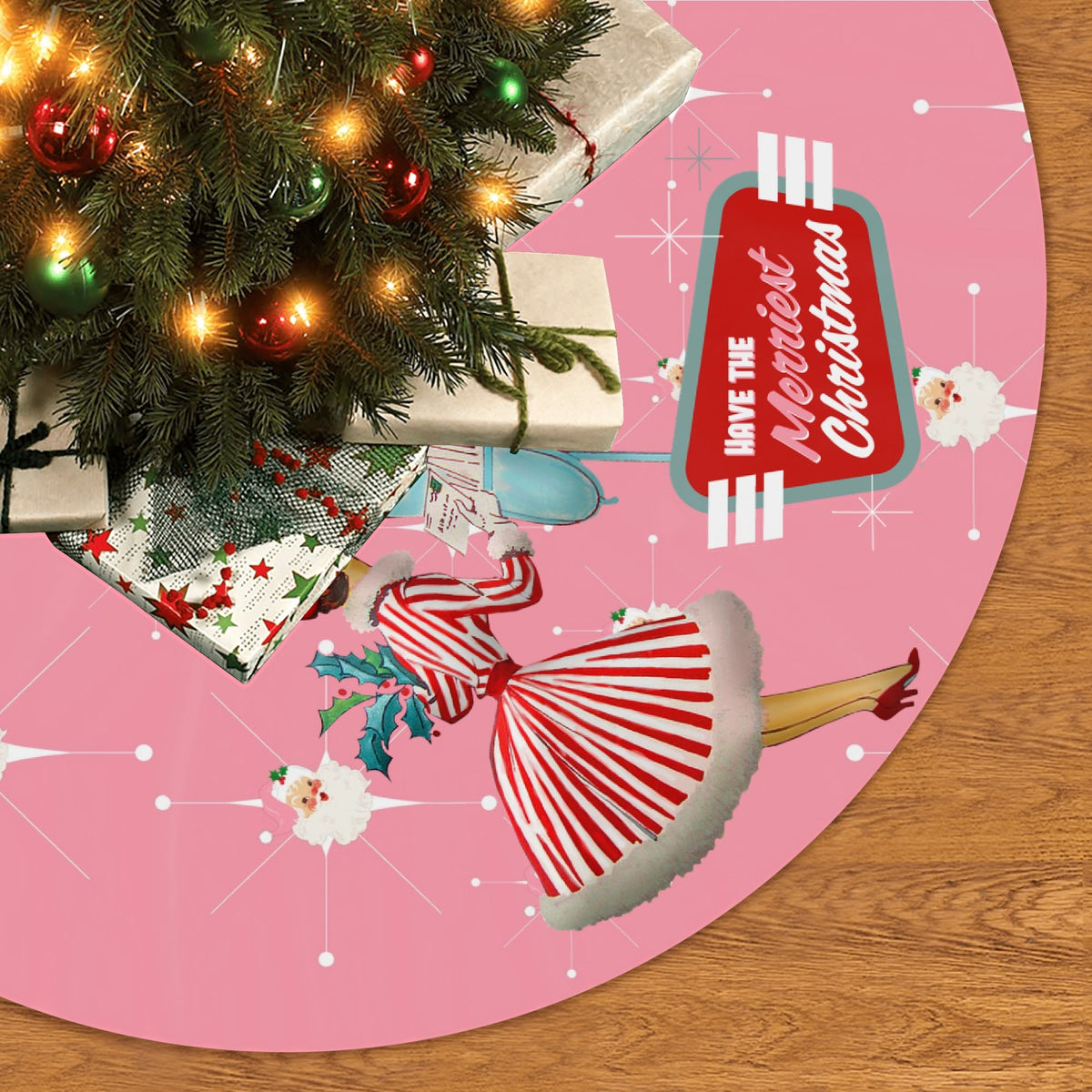 Mid Century Modern Atomic Pink Retro Santa And Merry Christmas Mod Gal Tree Skirt - Mid Century Modern Gal