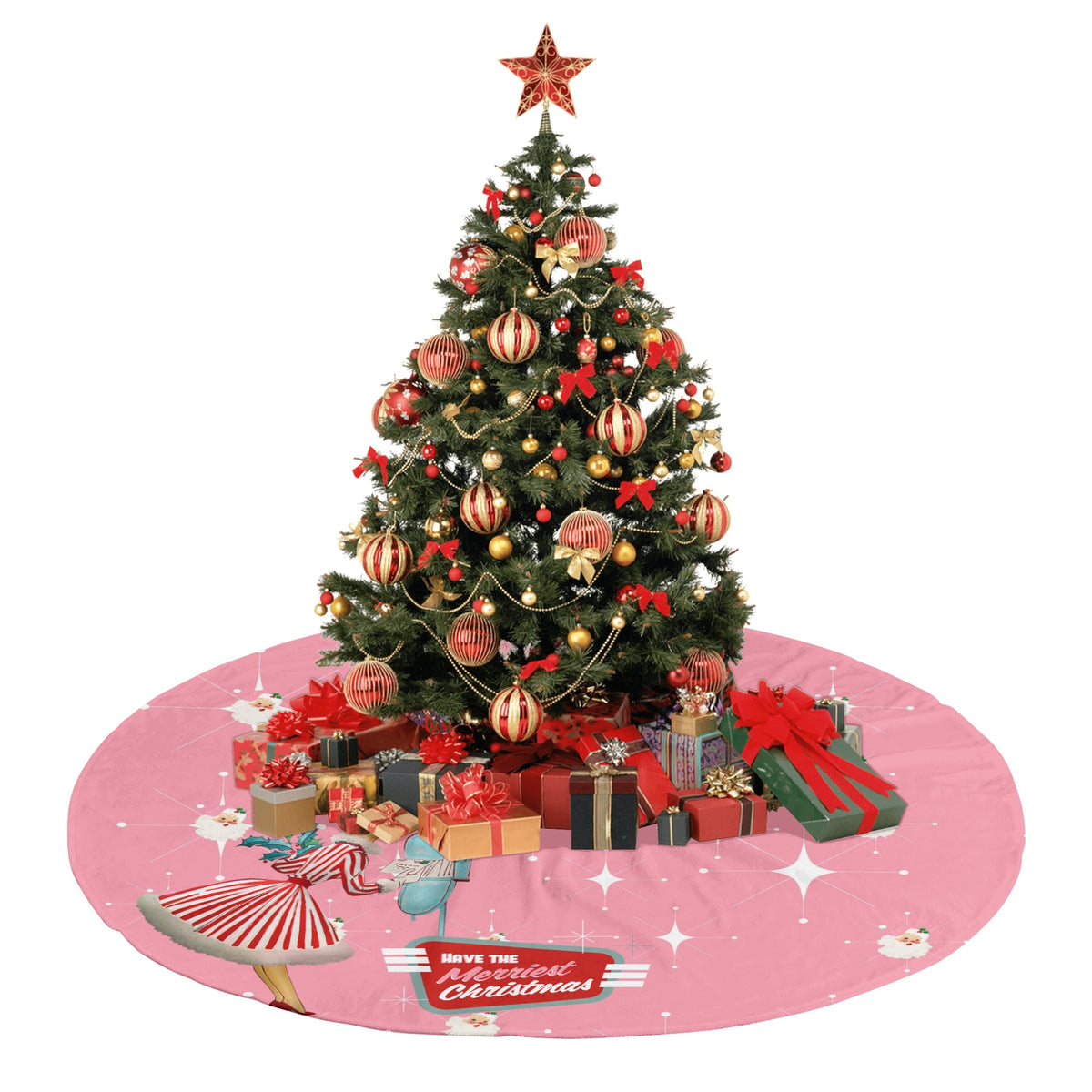 Mid Century Modern Atomic Pink Retro Santa And Merry Christmas Mod Gal Tree Skirt - Mid Century Modern Gal