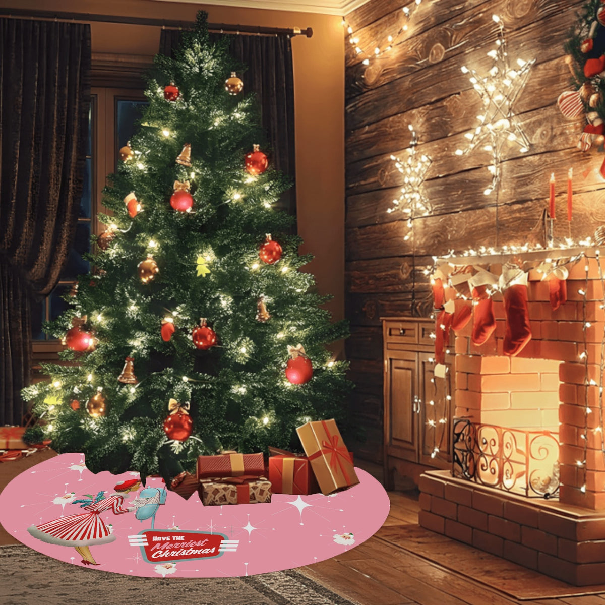 Mid Century Modern Atomic Pink Retro Santa And Merry Christmas Mod Gal Tree Skirt - Mid Century Modern Gal