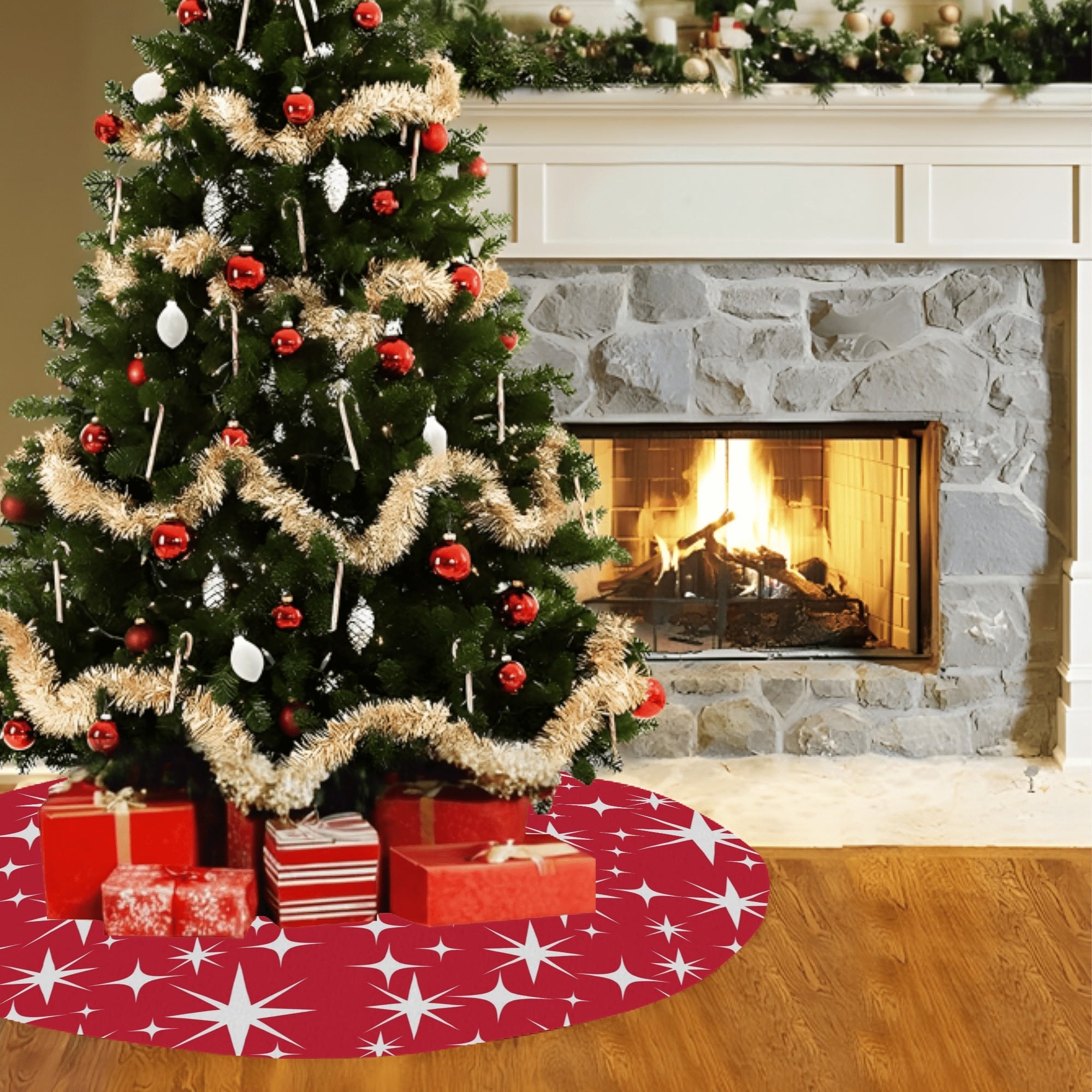 Mid Century Modern Red Atomic Starbursts Christmas Tree Skirt - Mid Century Modern Gal