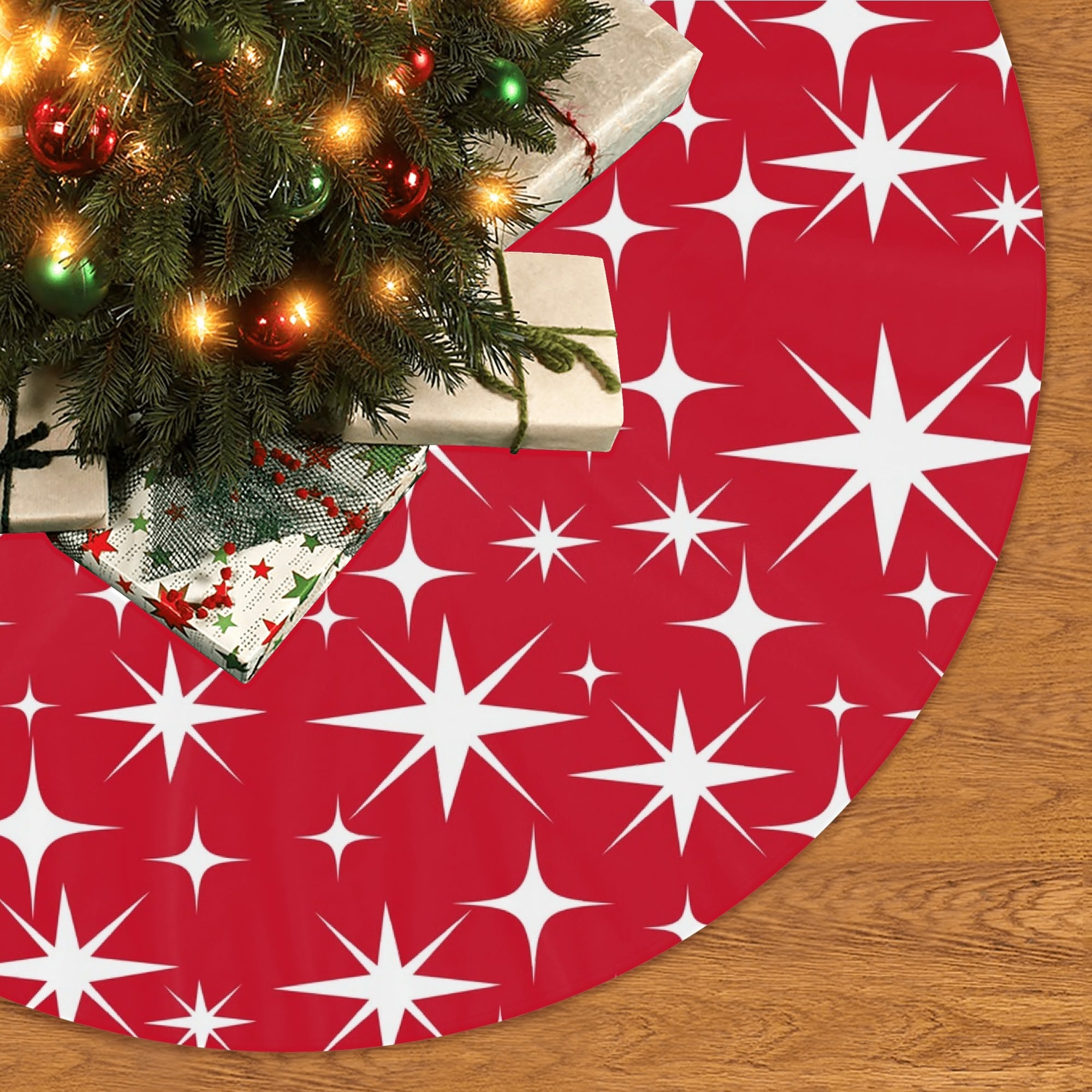 Mid Century Modern Red Atomic Starbursts Christmas Tree Skirt - Mid Century Modern Gal