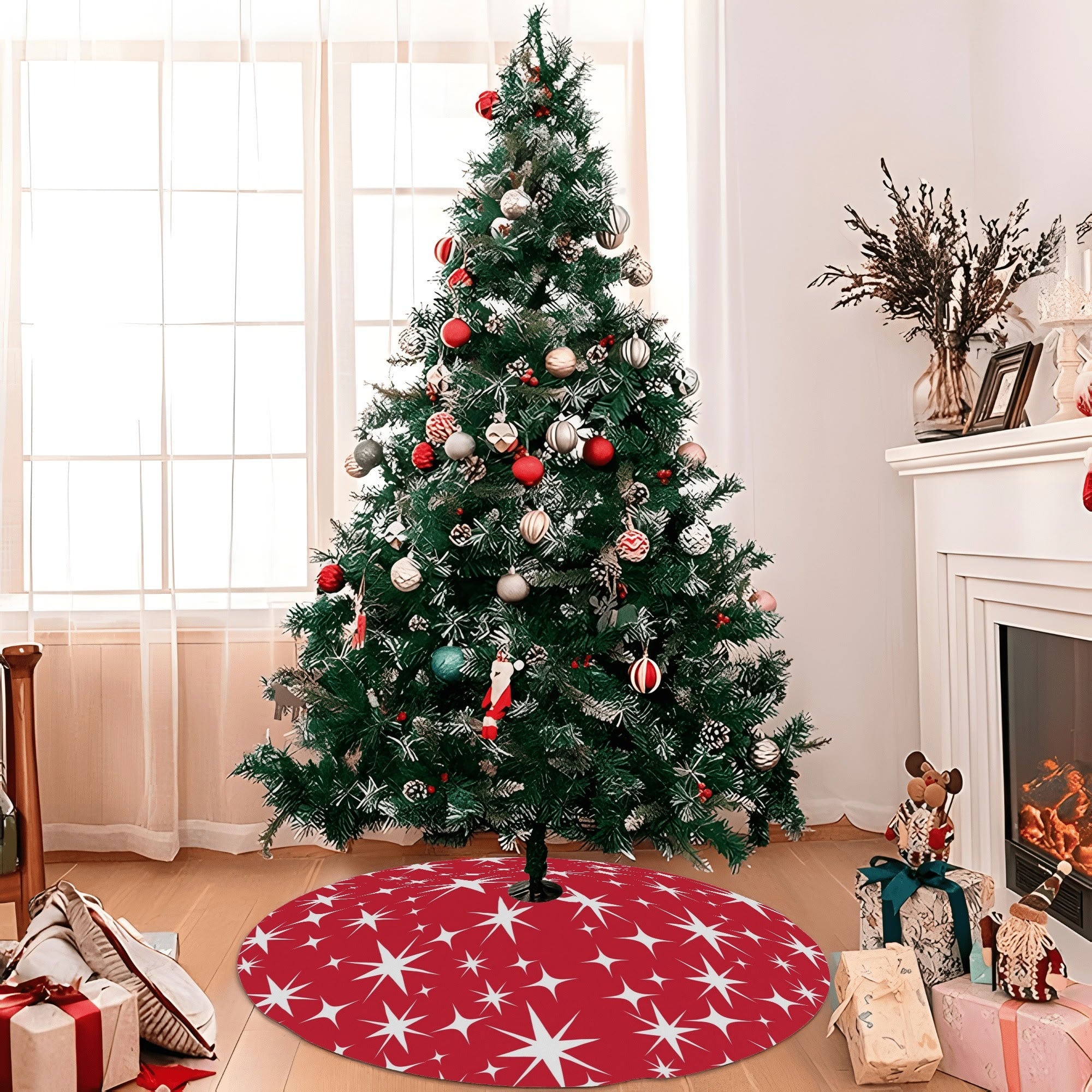 Mid Century Modern Red Atomic Starbursts Christmas Tree Skirt - Mid Century Modern Gal