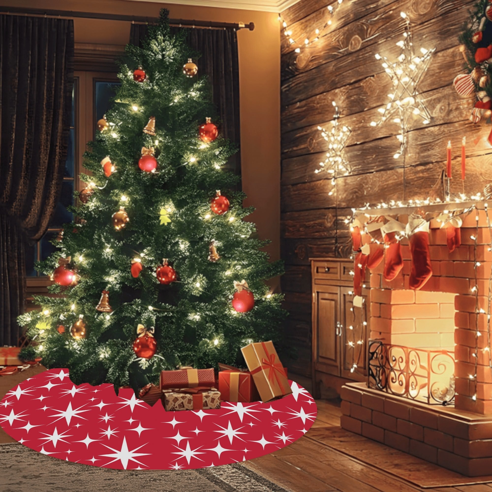 Mid Century Modern Red Atomic Starbursts Christmas Tree Skirt - Mid Century Modern Gal