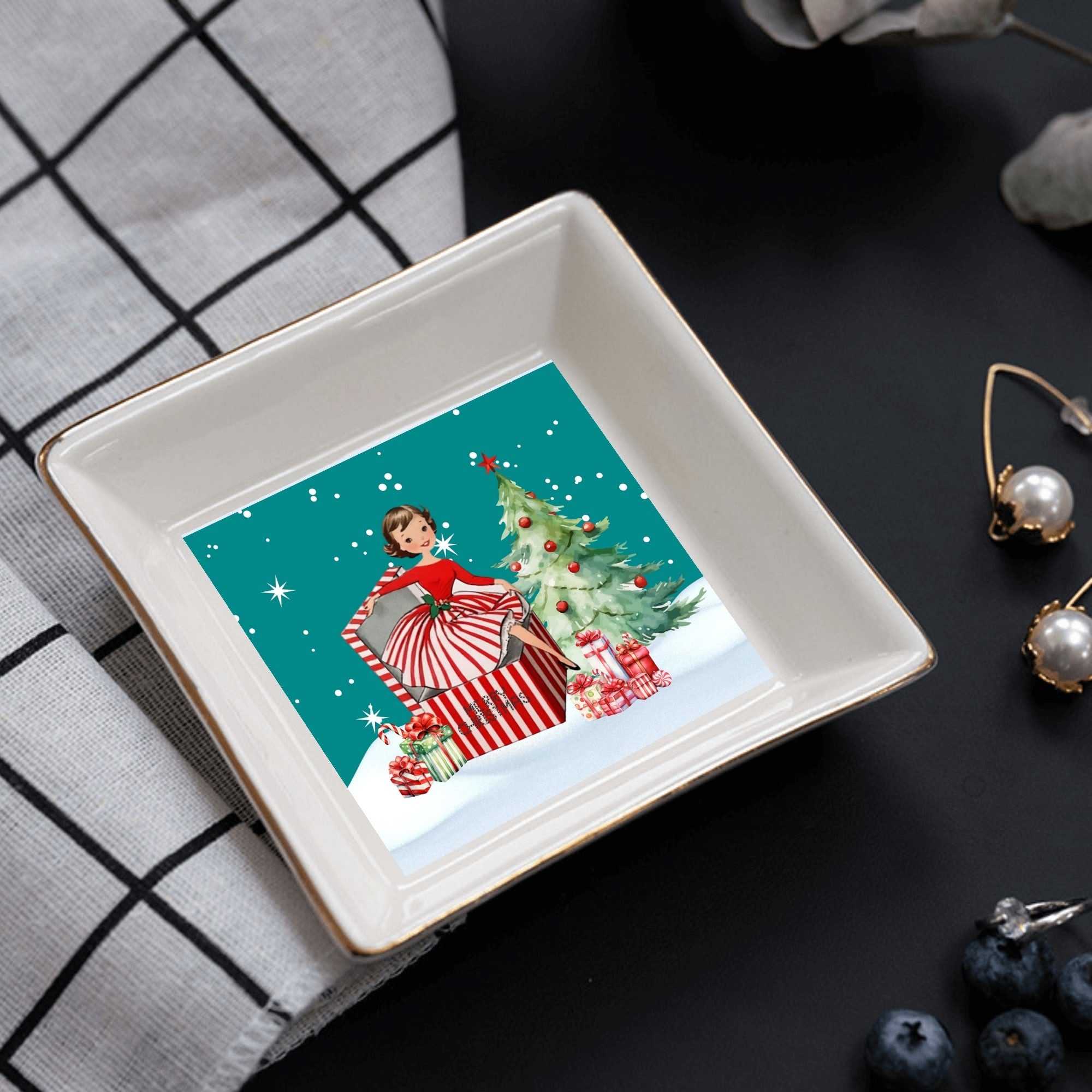 Kitschy Mod 50s Christmas Gal, Holiday Dessert And Appetizer Plates - Mid Century Modern Gal