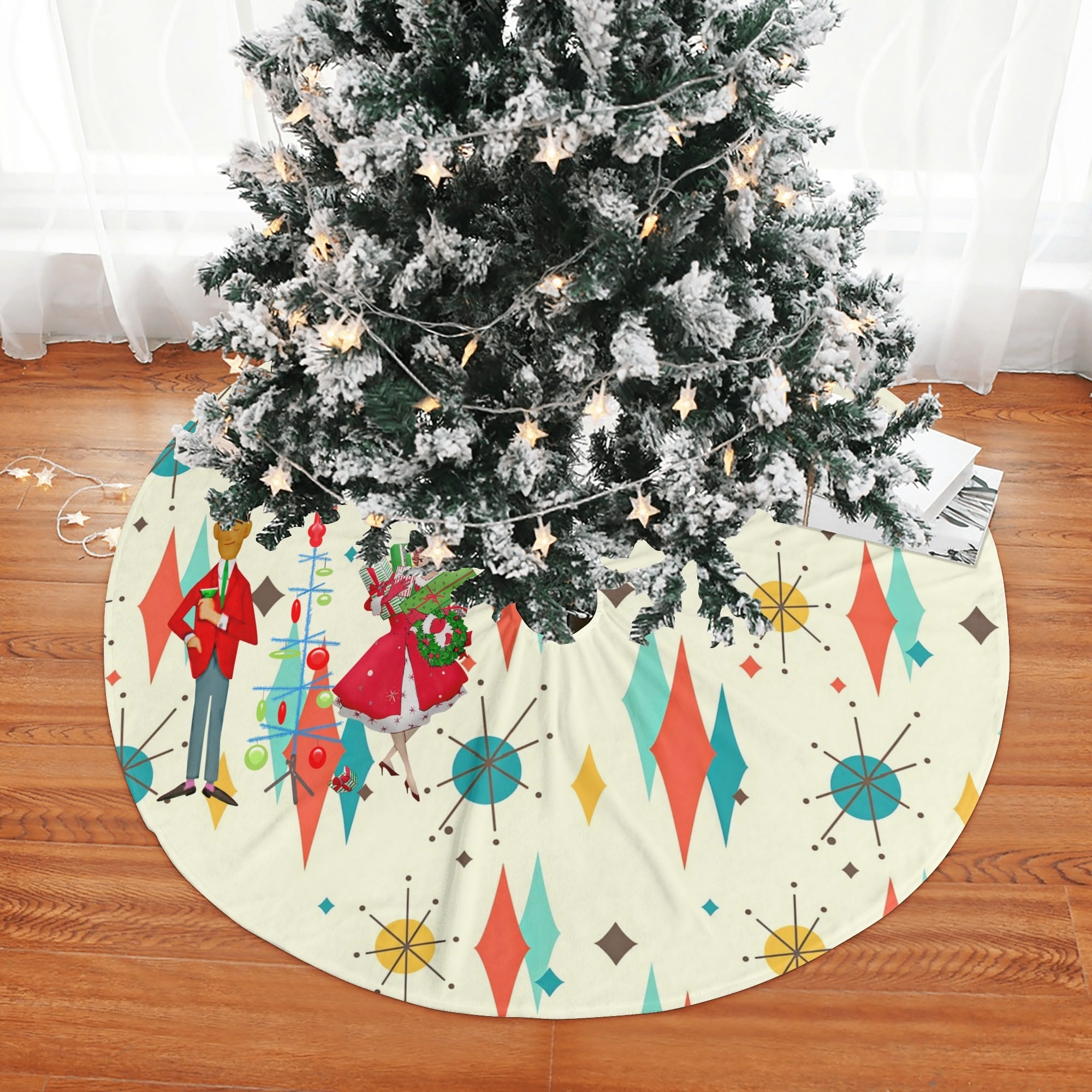 Mid Century Modern Christmas Tree Skirt, Franciscan Diamon Kitschy Mod Couple - Mid Century Modern Gal