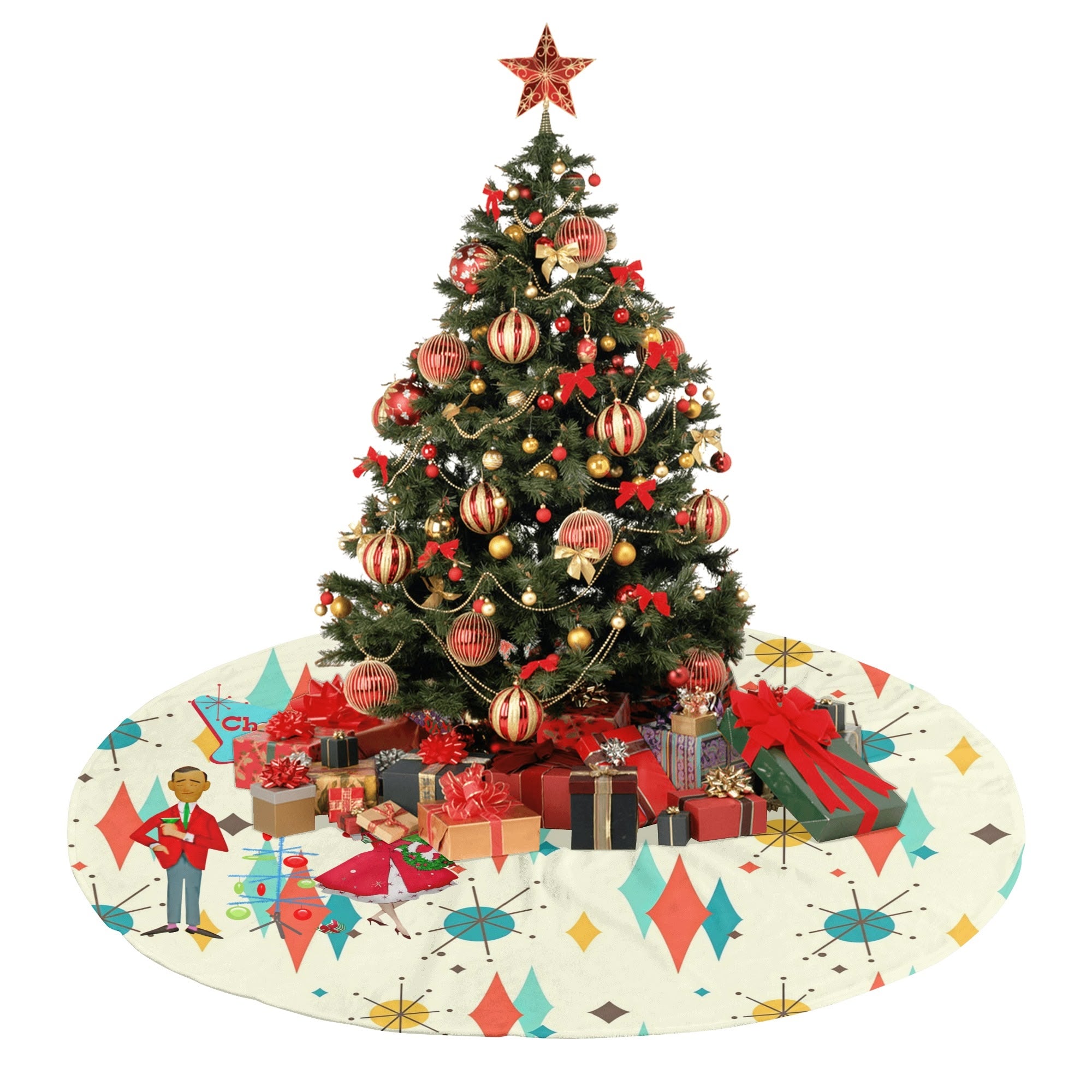 Mid Century Modern Christmas Tree Skirt, Franciscan Diamon Kitschy Mod Couple - Mid Century Modern Gal