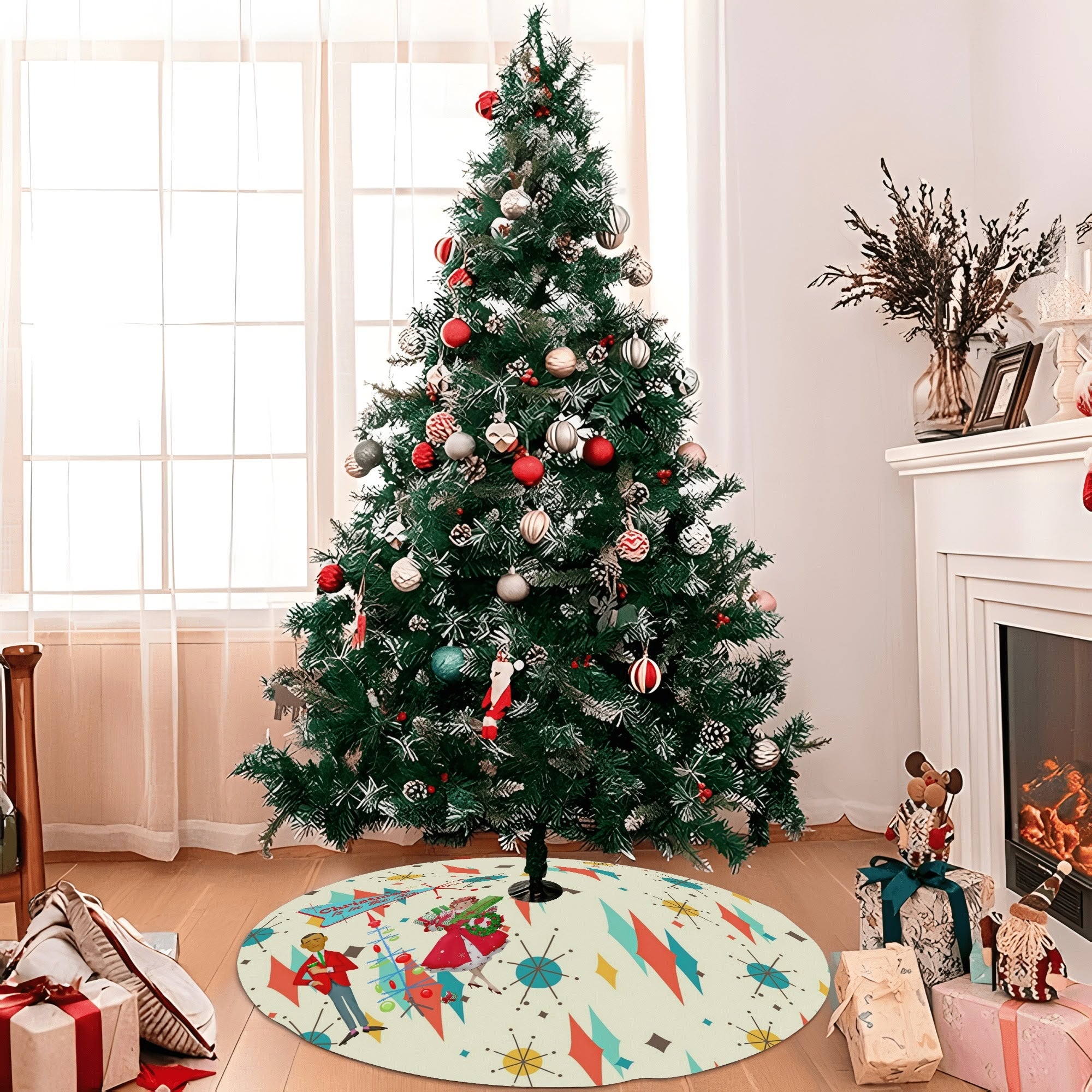 Mid Century Modern Christmas Tree Skirt, Franciscan Diamon Kitschy Mod Couple - Mid Century Modern Gal