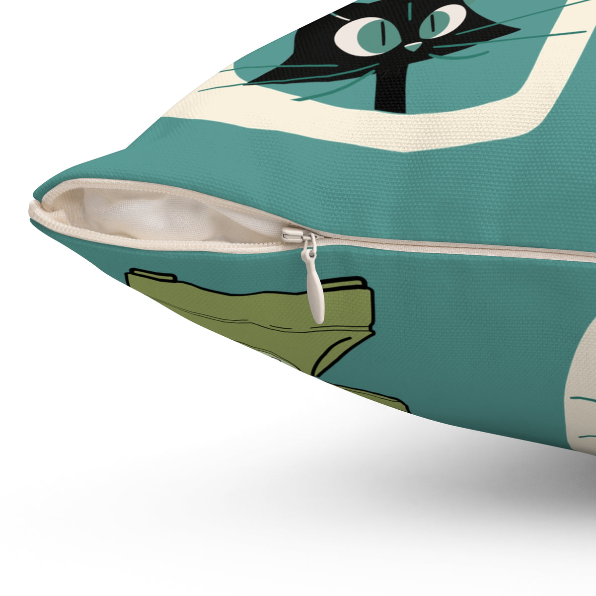Atomic Space Cat, Teal Mid Century Modern Kitschy Mod Decorative Pillow - Mid Century Modern Gal