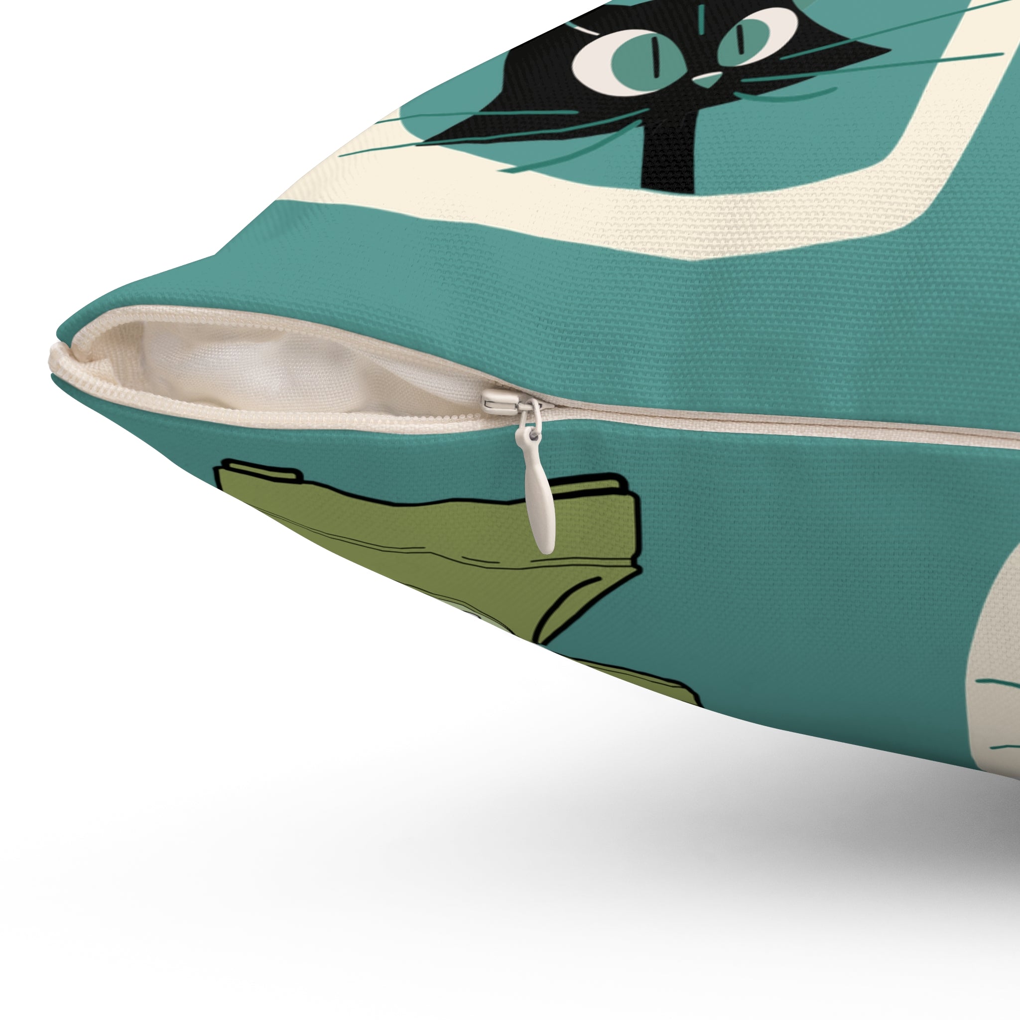 Atomic Space Cat, Teal Mid Century Modern Kitschy Mod Decorative Pillow - Mid Century Modern Gal