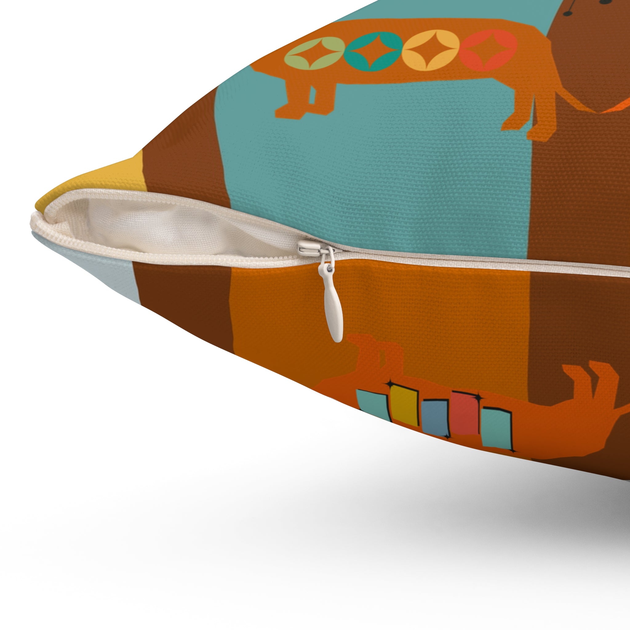 Doxie Dog, Dachshund Lover, Retro Colorful Dog-Themed Square Pillow - Cozy Home Decor - Mid Century Modern Gal