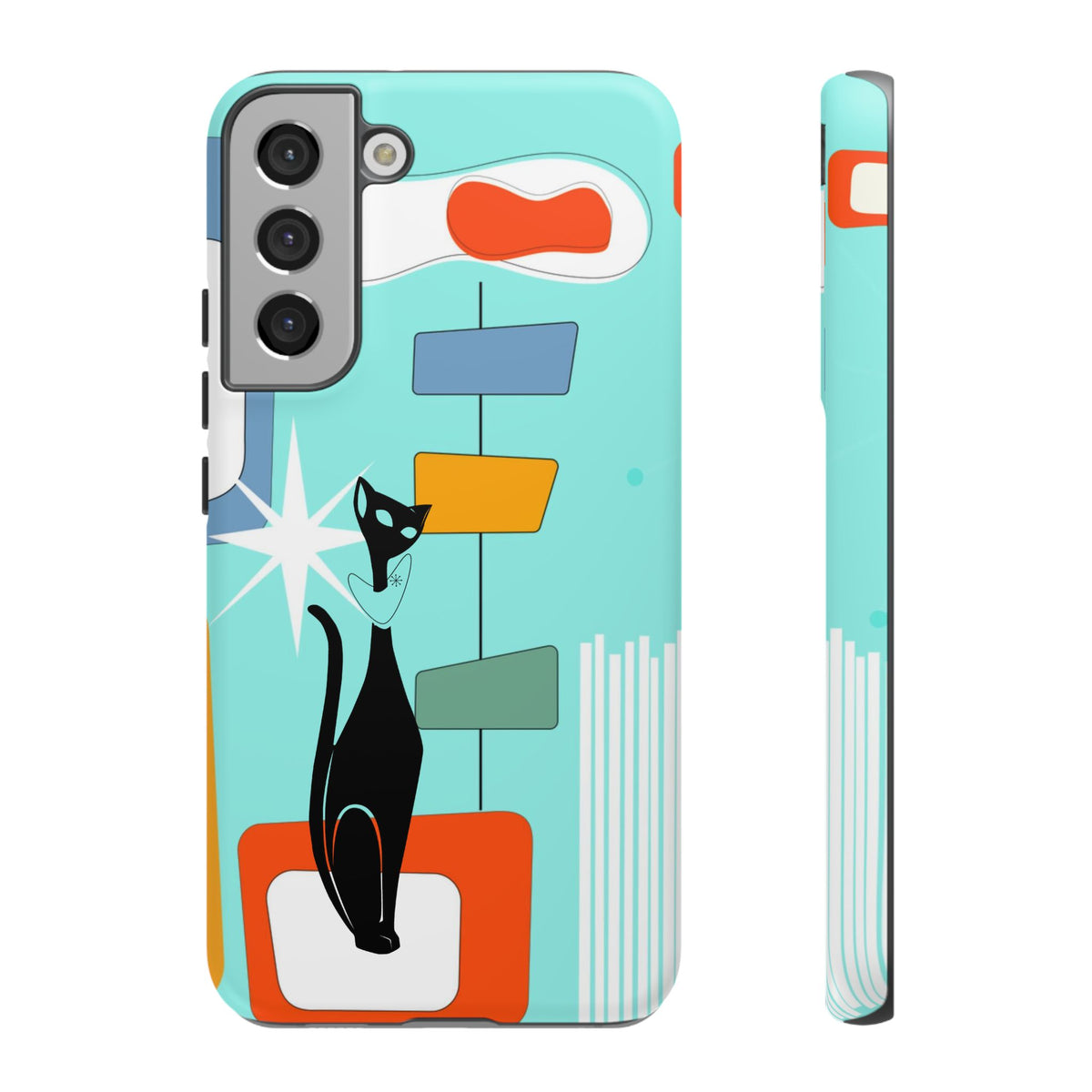 Atomic Cat, Mid Mod Aqua Blue, Geometric, Samsung, Google Pixel, Apple iPhone Tough Cases - Mid Century Modern Gal