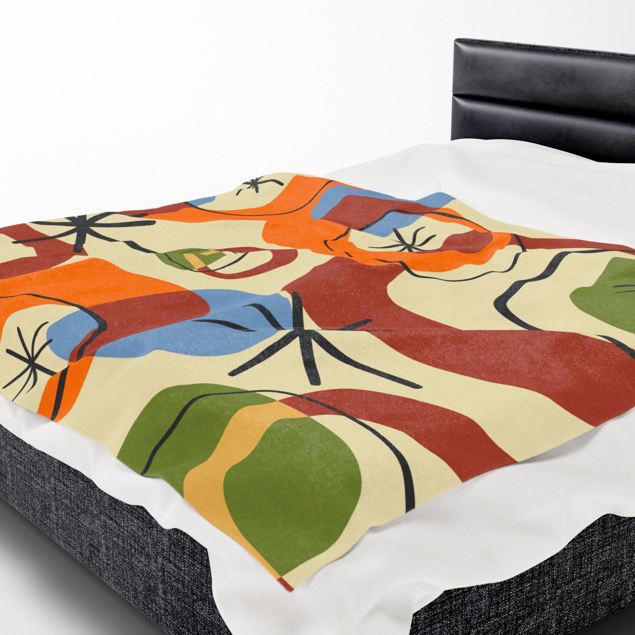 Retro Geo Pattern THIN Cozy, Warm Mid Century Modern Groovy Green, Orange, Blue, Black, Light Beige Background Velveteen Plush Blanket - Mid Century Modern Gal