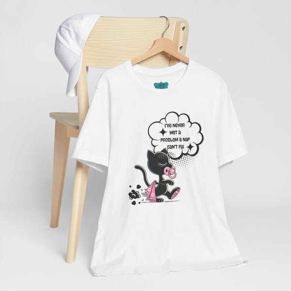 Quirky Retro Cat, Funny Mod Cat Dragging Blankie, Nap Quote Shirt Unisex Jersey Short Sleeve Tee