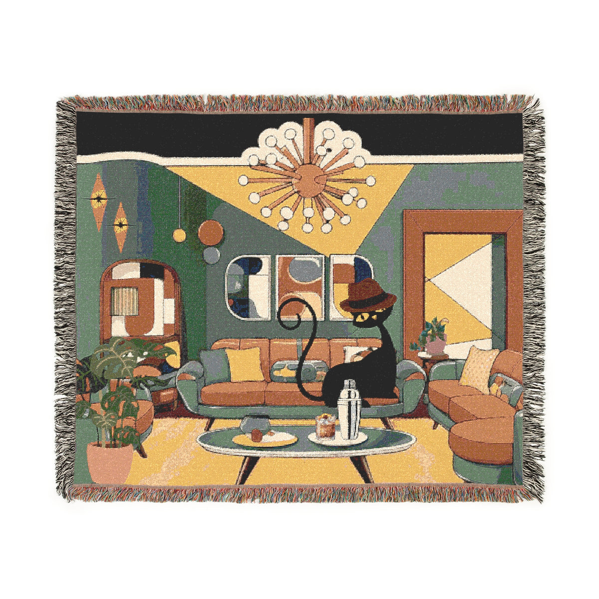Atomic Cat Mid Century Modern Cozy Woven Blanket - Retro Living Room Design - Mid Century Modern Gal