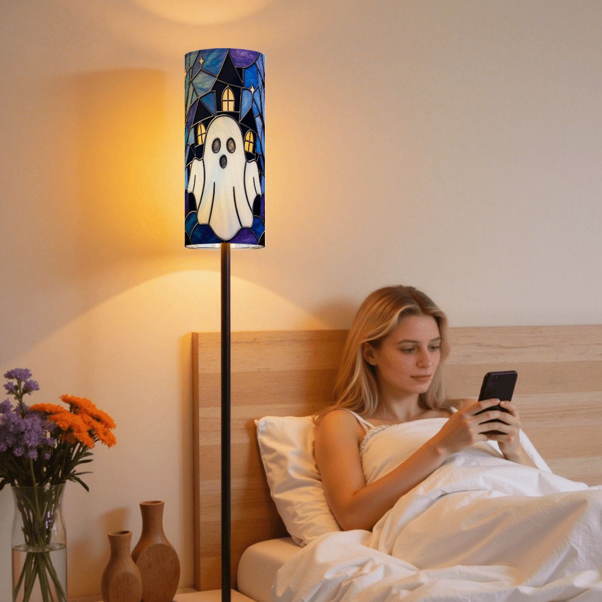 Halloween Stained Glass Style Ghost Haunted House Slim Floor Lamp