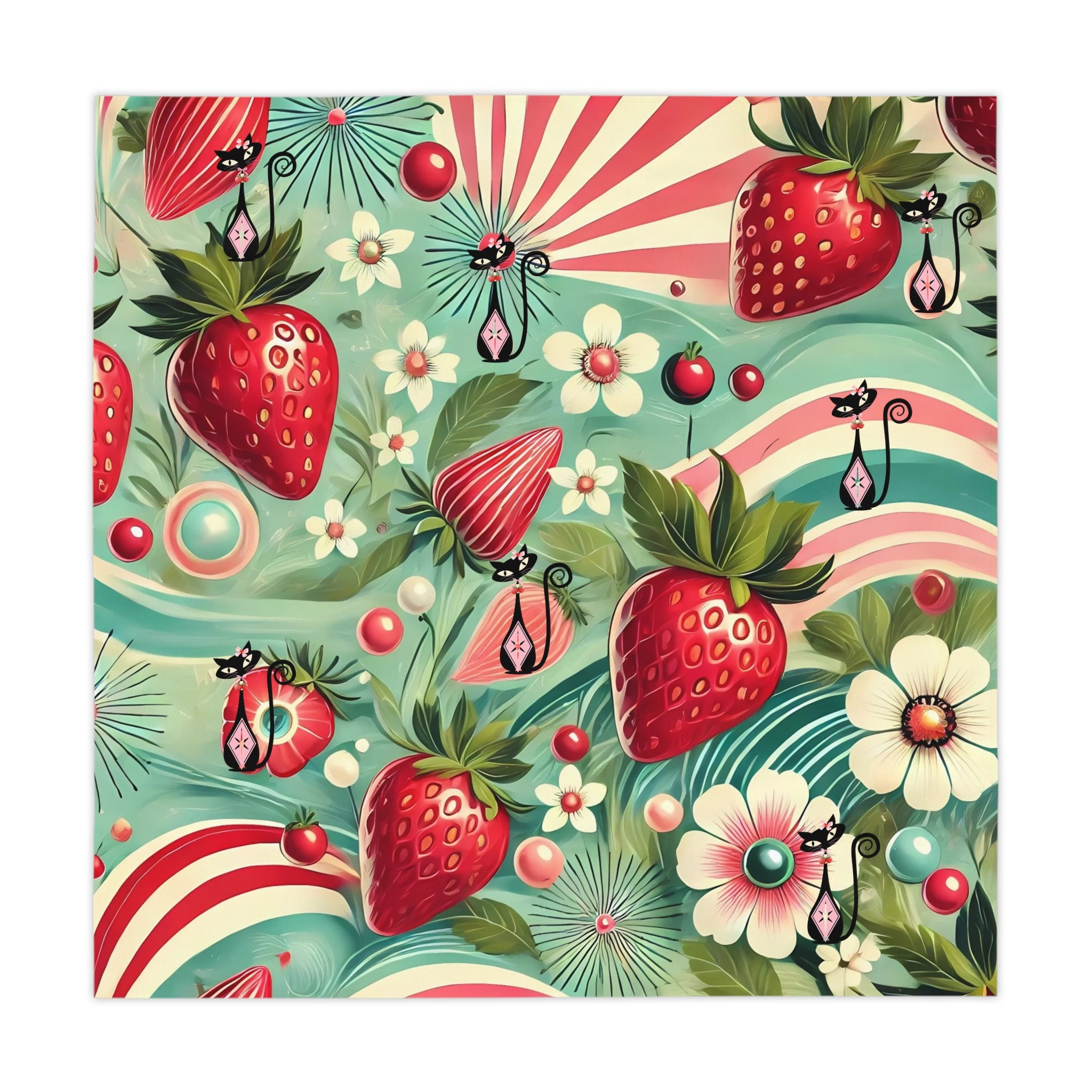 Atomic Cat, Vintage Cat and Strawberry Tablecloth - Perfect for Summer Gatherings & Celebrations - Mid Century Modern Gal