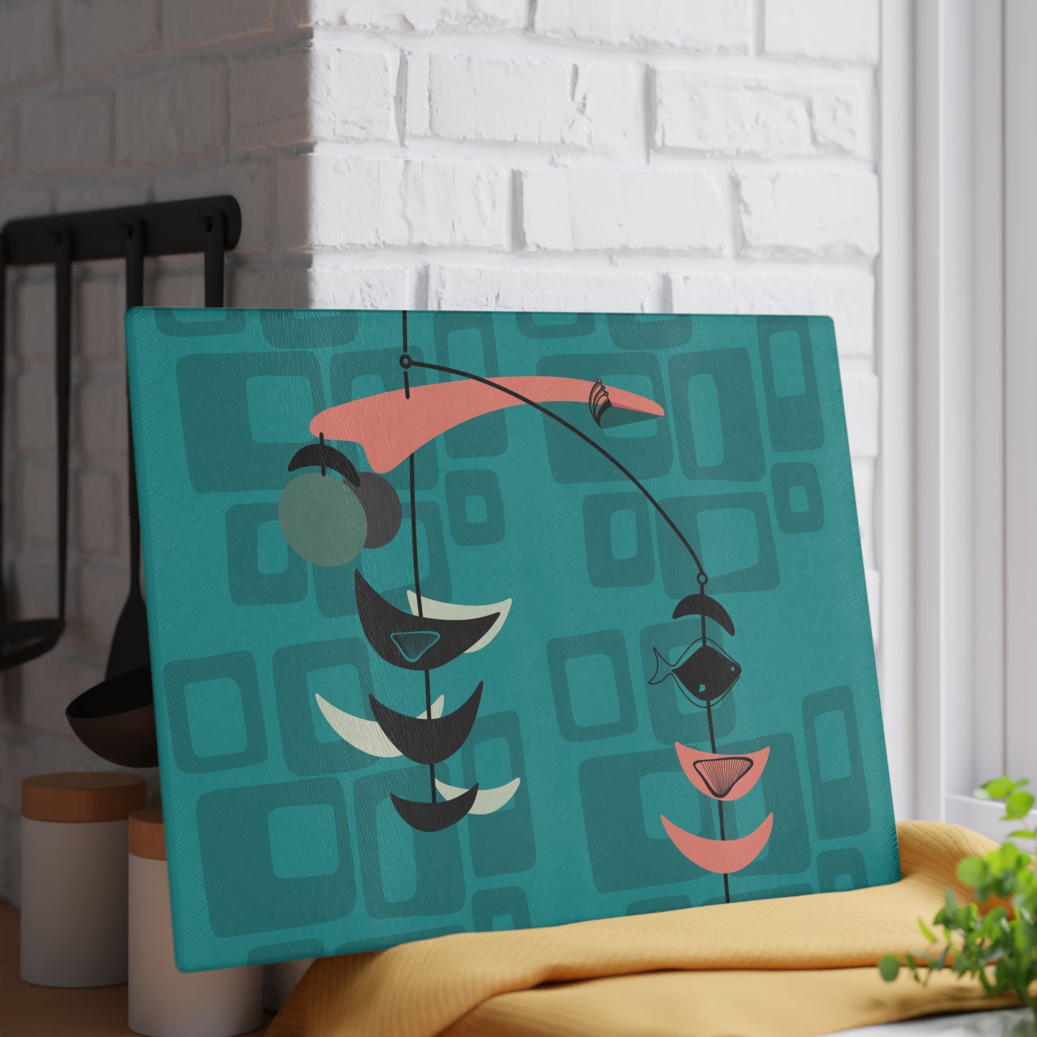 Atomic Fish Mid Century Modern Fish Art Modern Abstract Glass Cutting Board | Colorful Kitchen Decor | Gift for Foodies - Mid Century Modern Gal