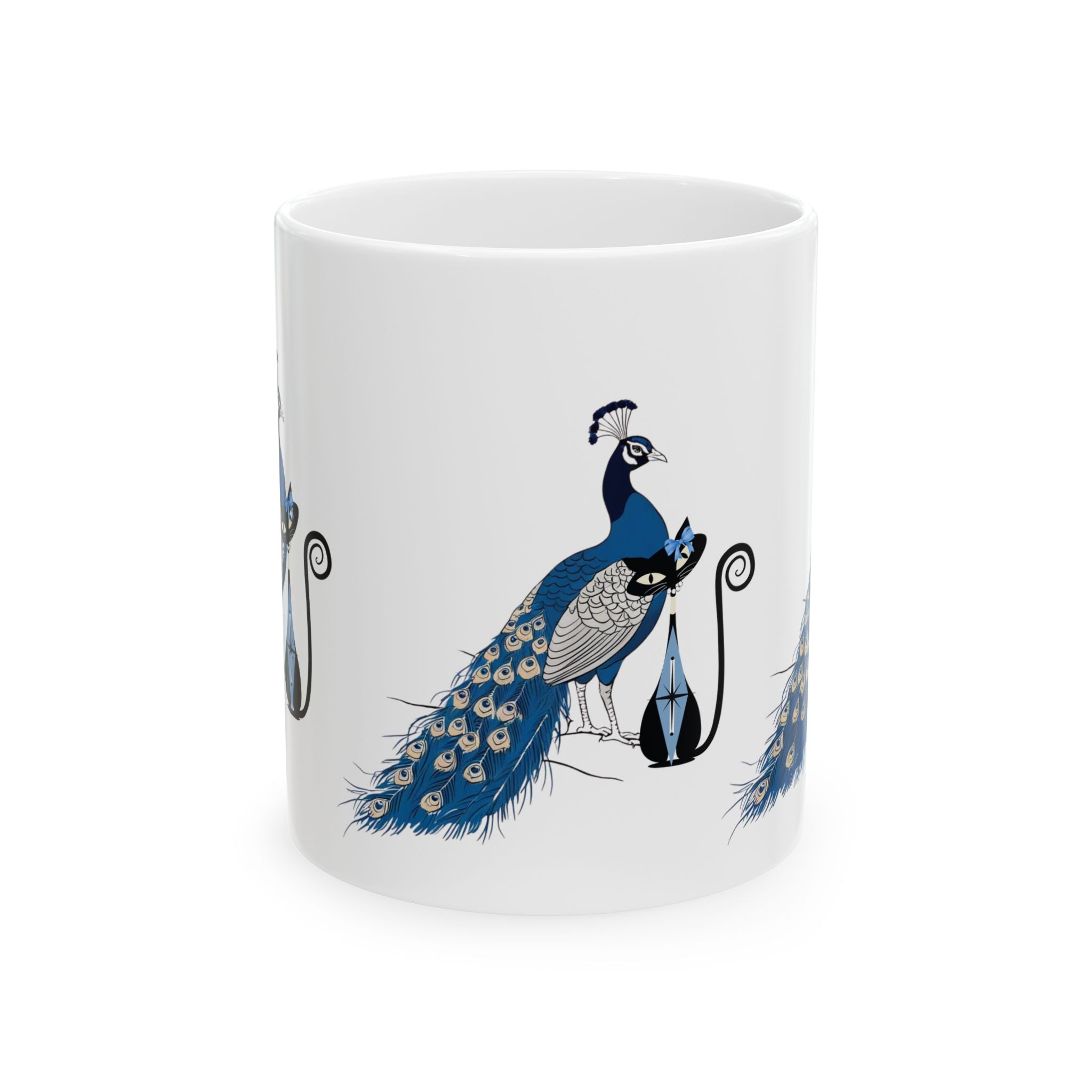 Atomic Cat Mug Blue Chinoiserie Peacock MCM Black Cat Mug Vintage Inspired Gift Elegant Peacock Ceramic Mug - Mid Century Modern Gal