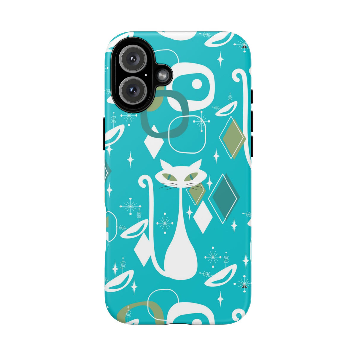 Atomic Cat Space Designs, Mid Century Modern, Aqua, White Kitschy Cat Tough Phone Case