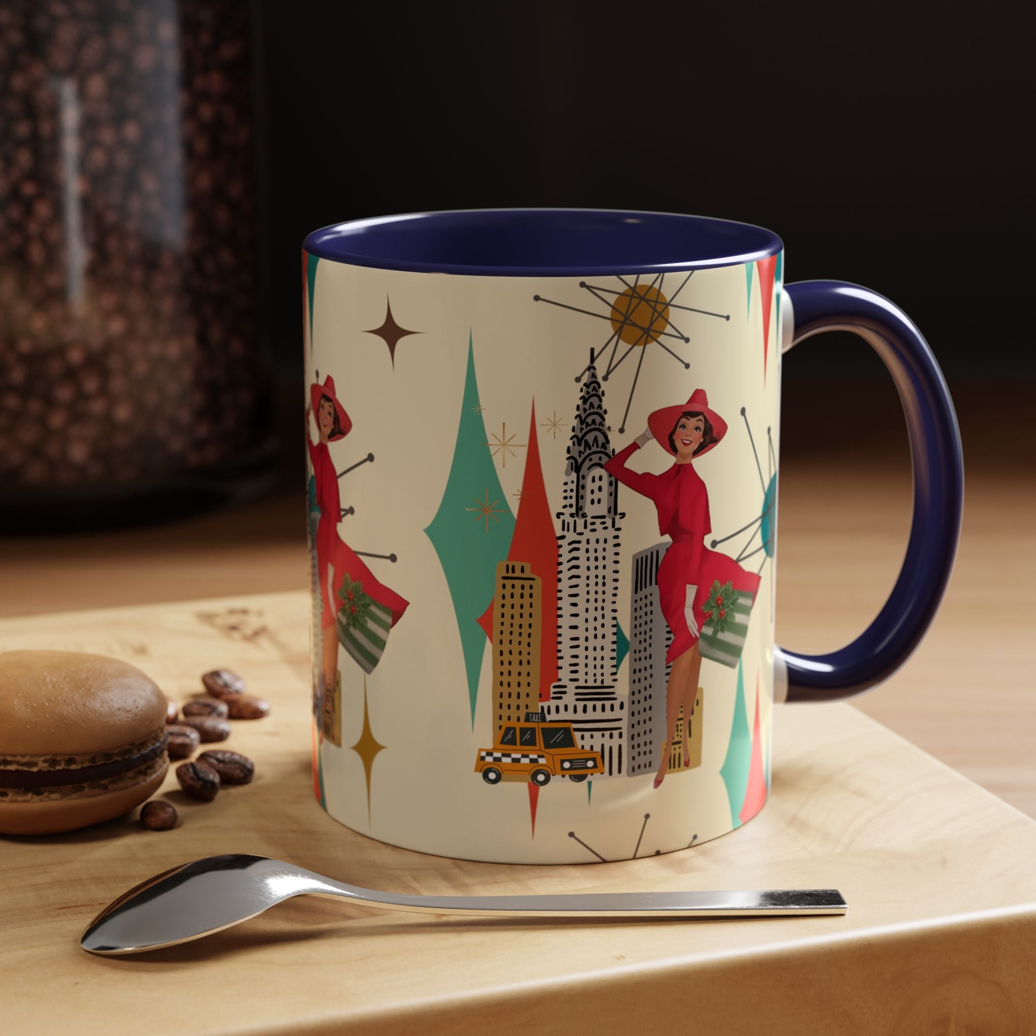 Mid Century Modern Kitschy Christmas Gal, Franciscan Starburst Diamond Retro Chic Accent Coffee Mug - Vintage Cityscape Design - Mid Century Modern Gal