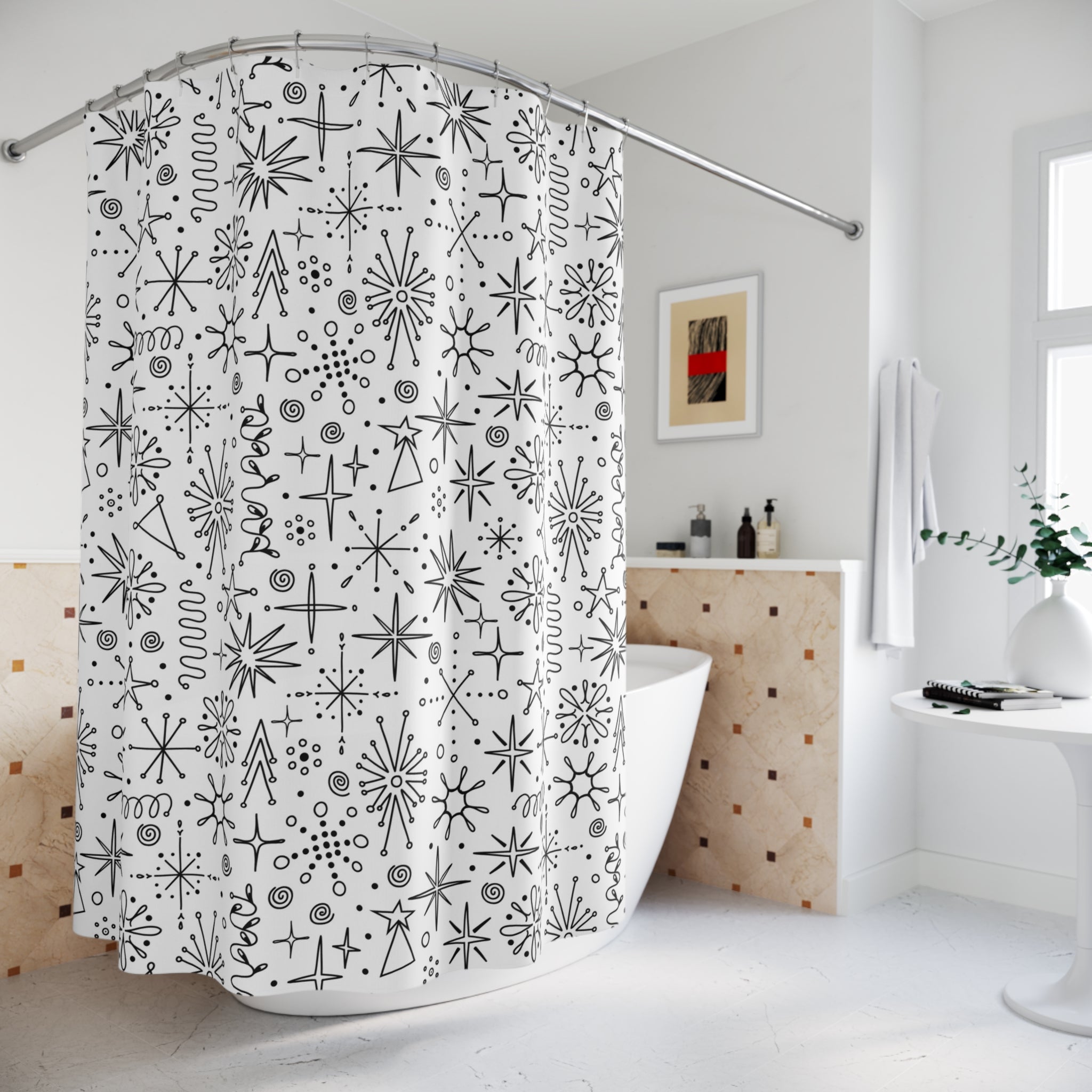 Atomic Space Doodle Art Retro Mod Shower, Black And White Shower Curtain - Mid Century Modern Gal
