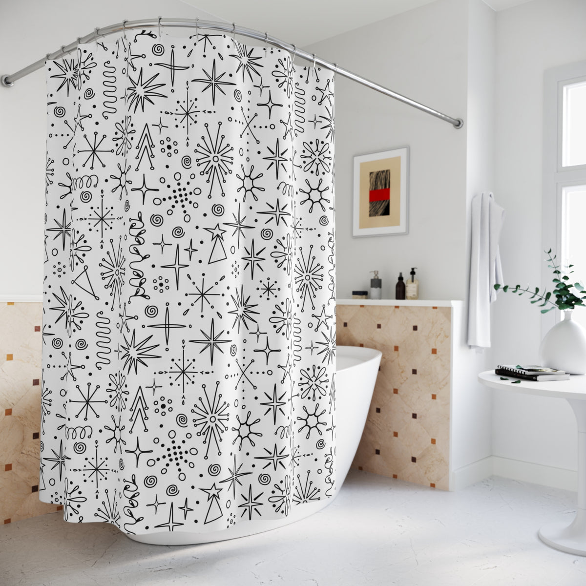 Atomic Space Doodle Art Retro Mod Shower, Black And White Shower Curtain - Mid Century Modern Gal