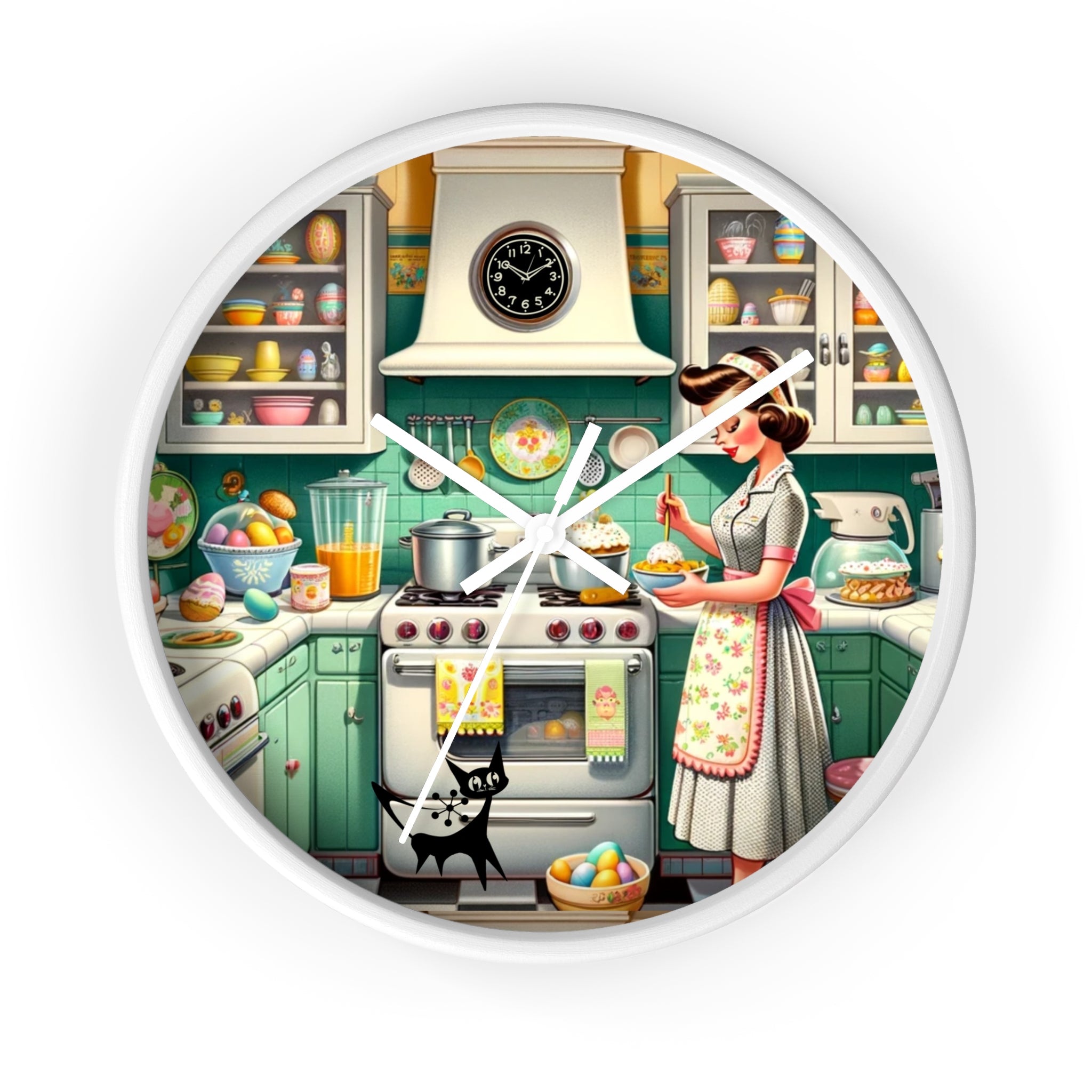 Vintage Kitschy Designed Mid Mod Gal Atomic Cat, Spring Wall Clock with Retro Cooking Design - Mid Century Modern Gal