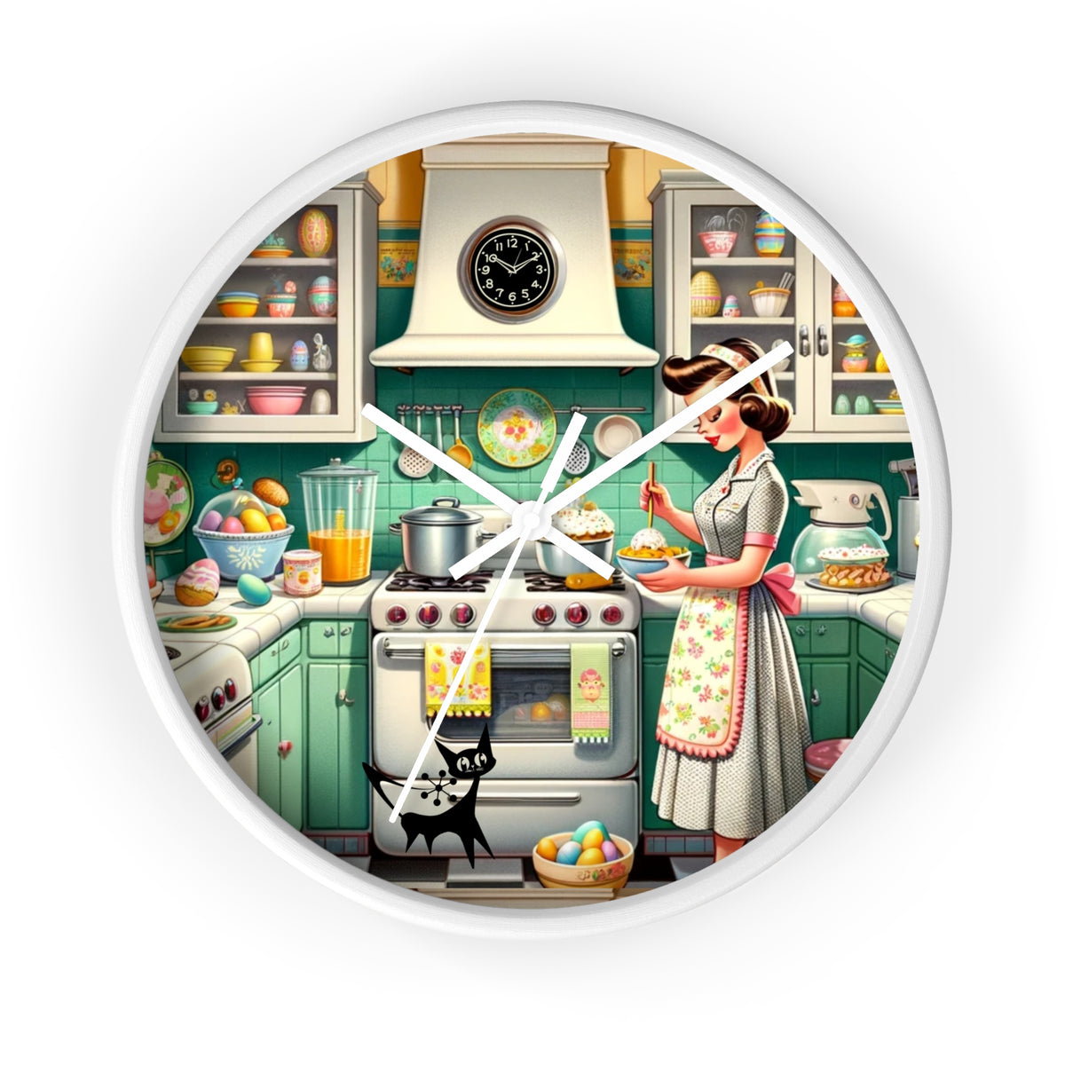 Vintage Kitschy Designed Mid Mod Gal Atomic Cat, Spring Wall Clock with Retro Cooking Design - Mid Century Modern Gal