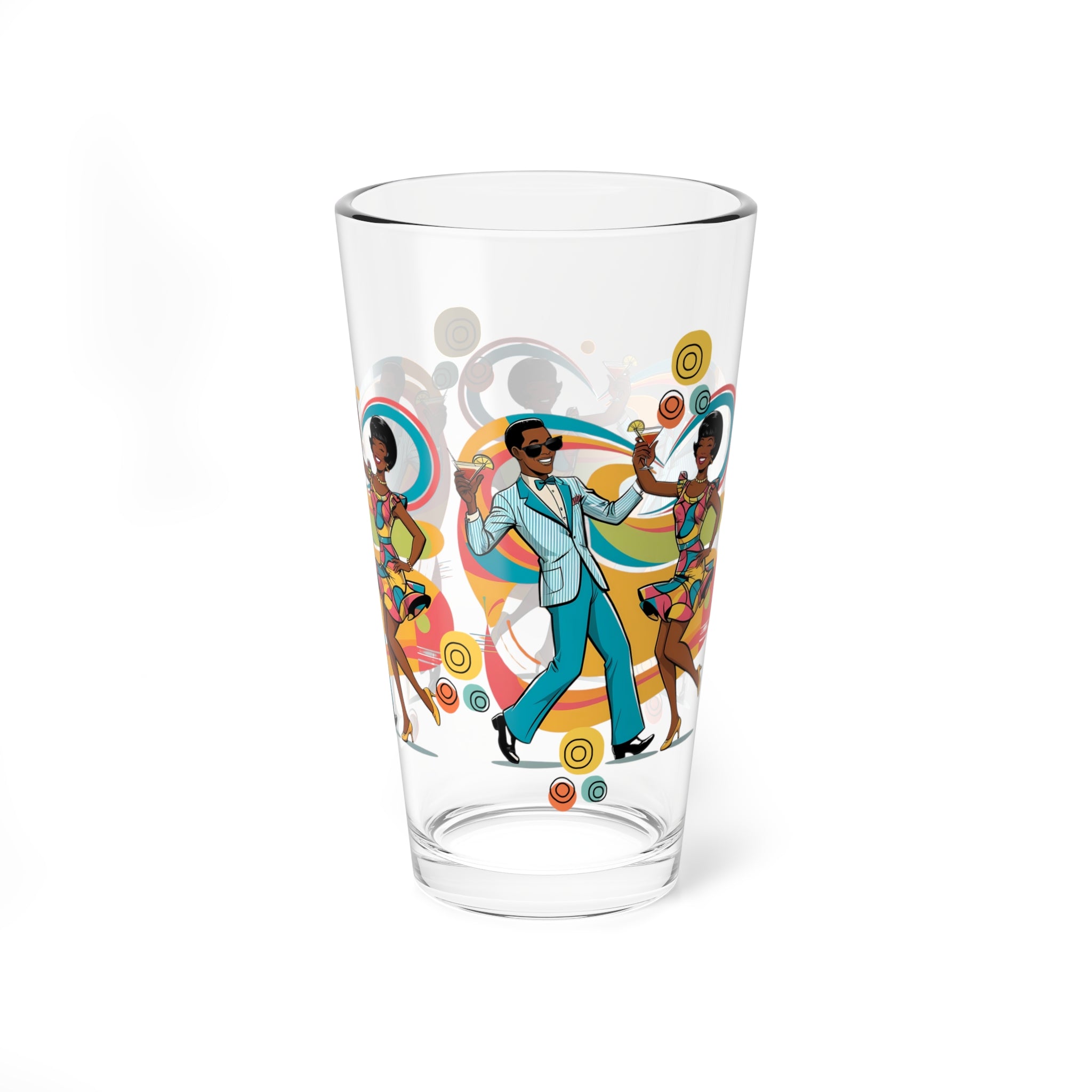 Mid Century Modern Barware, Black Couple, Retro Cocktail Mixing Glass - 16oz with Vibrant Dance Design - Mid Century Modern Gal