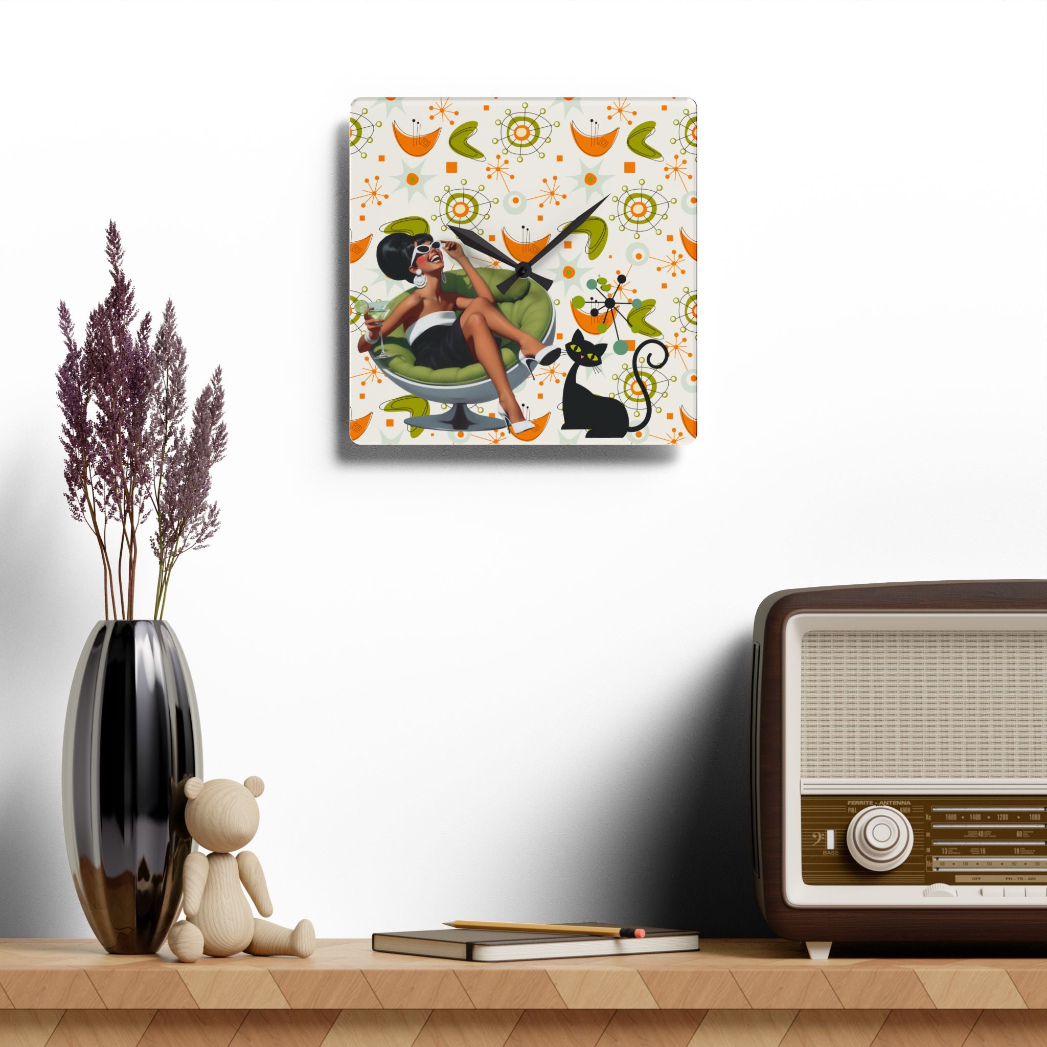 Mid Century Modern Atomic Cat Starburst Retro 60s Vibe Wall Clock - Mid Century Modern Gal