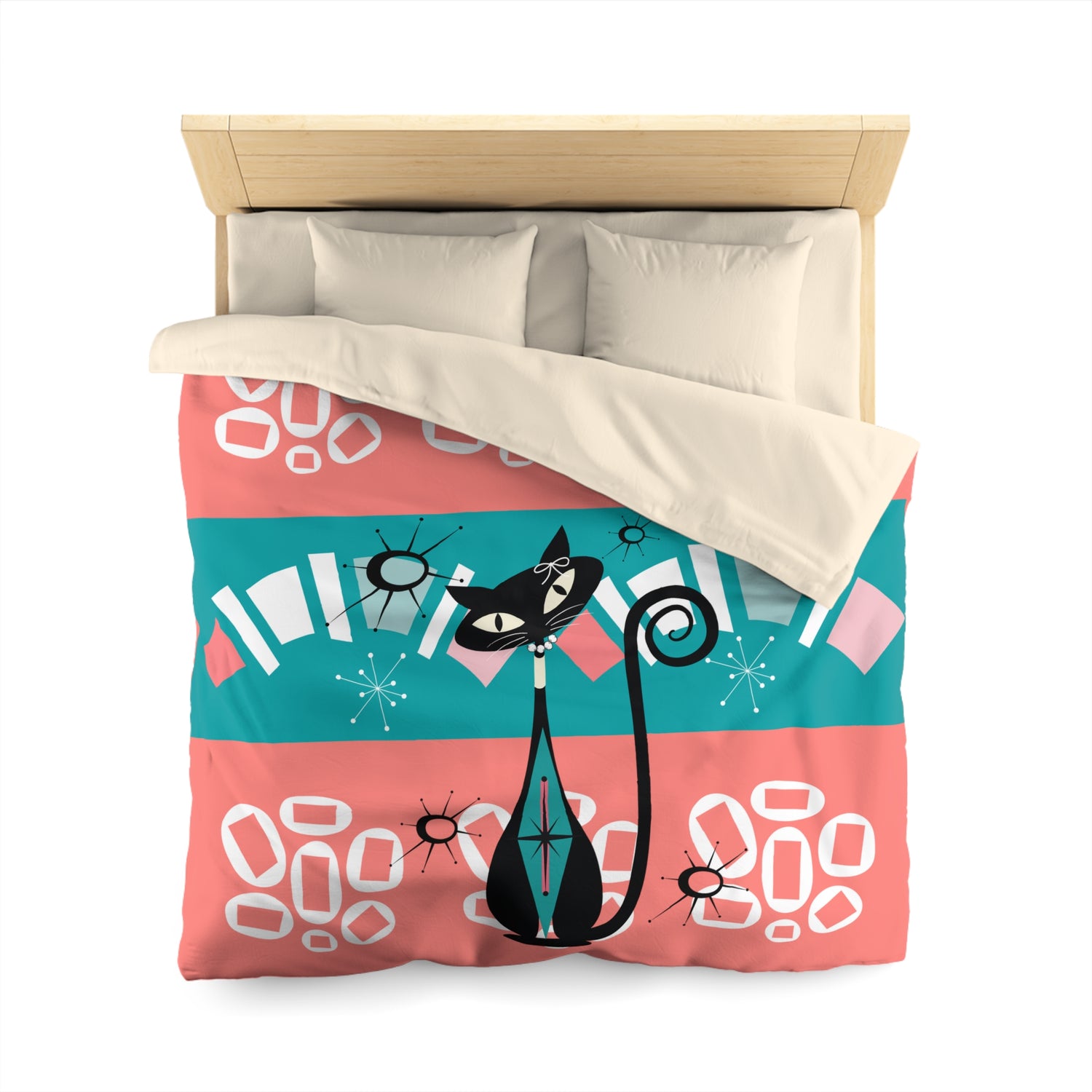 Mid Century Modern Atomic Cat, Coral, Teal, White Kitschy Funky Mod Duvet - Mid Century Modern Gal
