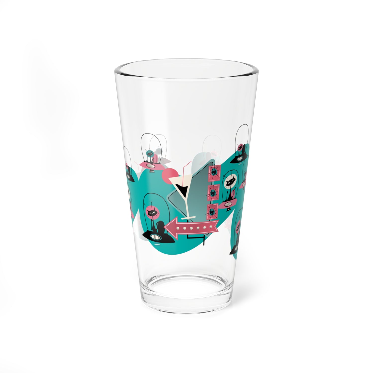 Atomic Cat Retro Barware, Space Kitties, Cats In Space, Mid Century Modern Atomic Living, MCM Drinkware Mixing Glass, 16oz - Mid Century Modern Gal