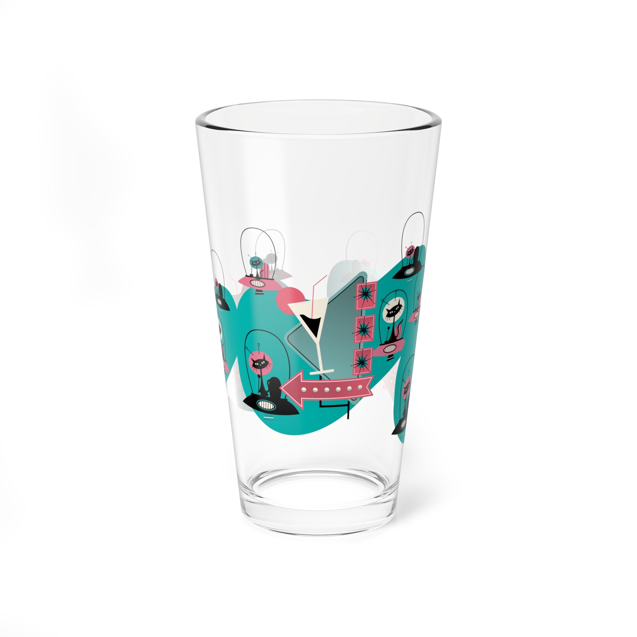 Atomic Cat Retro Barware, Space Kitties, Cats In Space, Mid Century Modern Atomic Living, MCM Drinkware Mixing Glass, 16oz - Mid Century Modern Gal