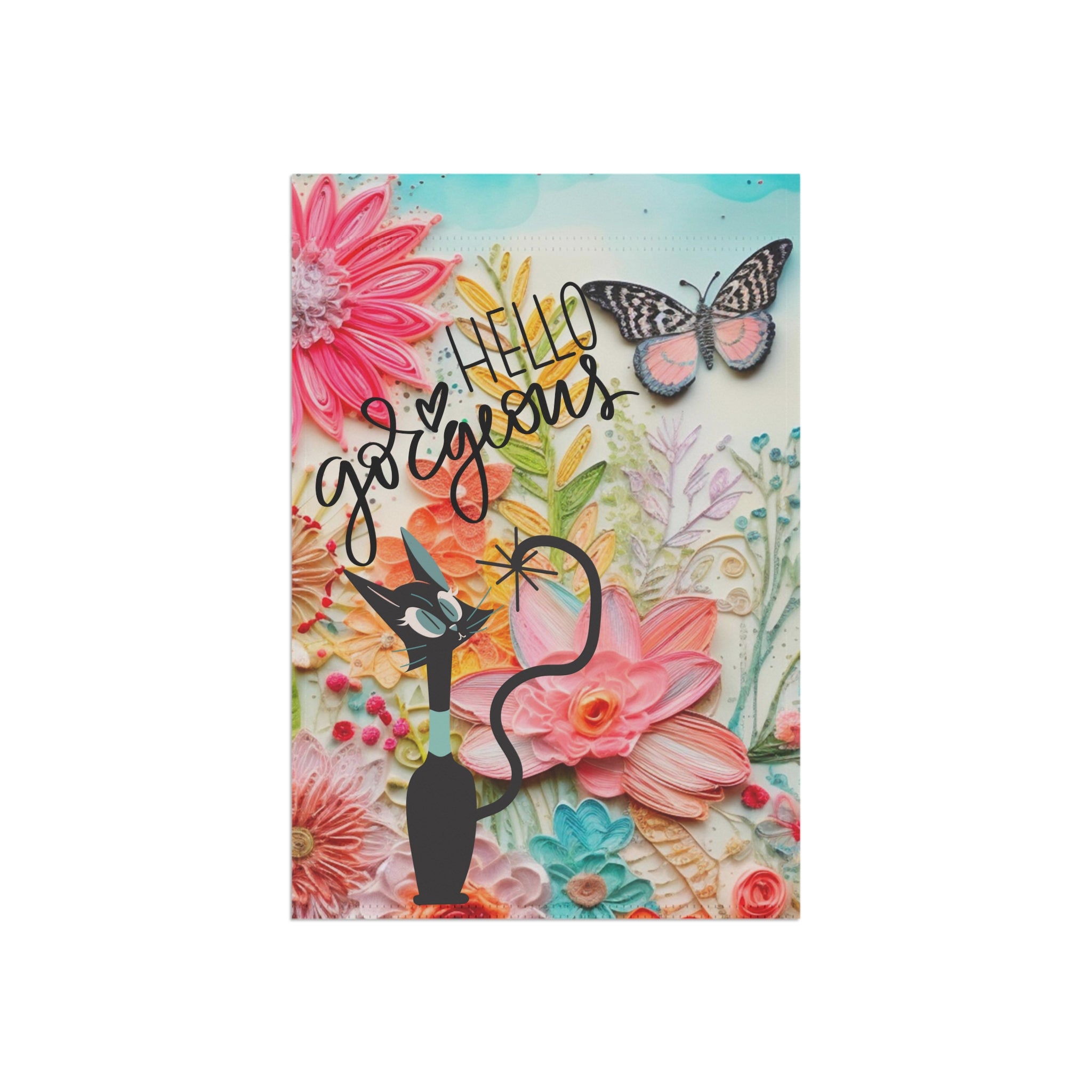 Boho Butterfly Garden Flag, 3D Art, Atomic Kitty Spring Summer Outdoor Welcome Flag - Mid Century Modern Gal