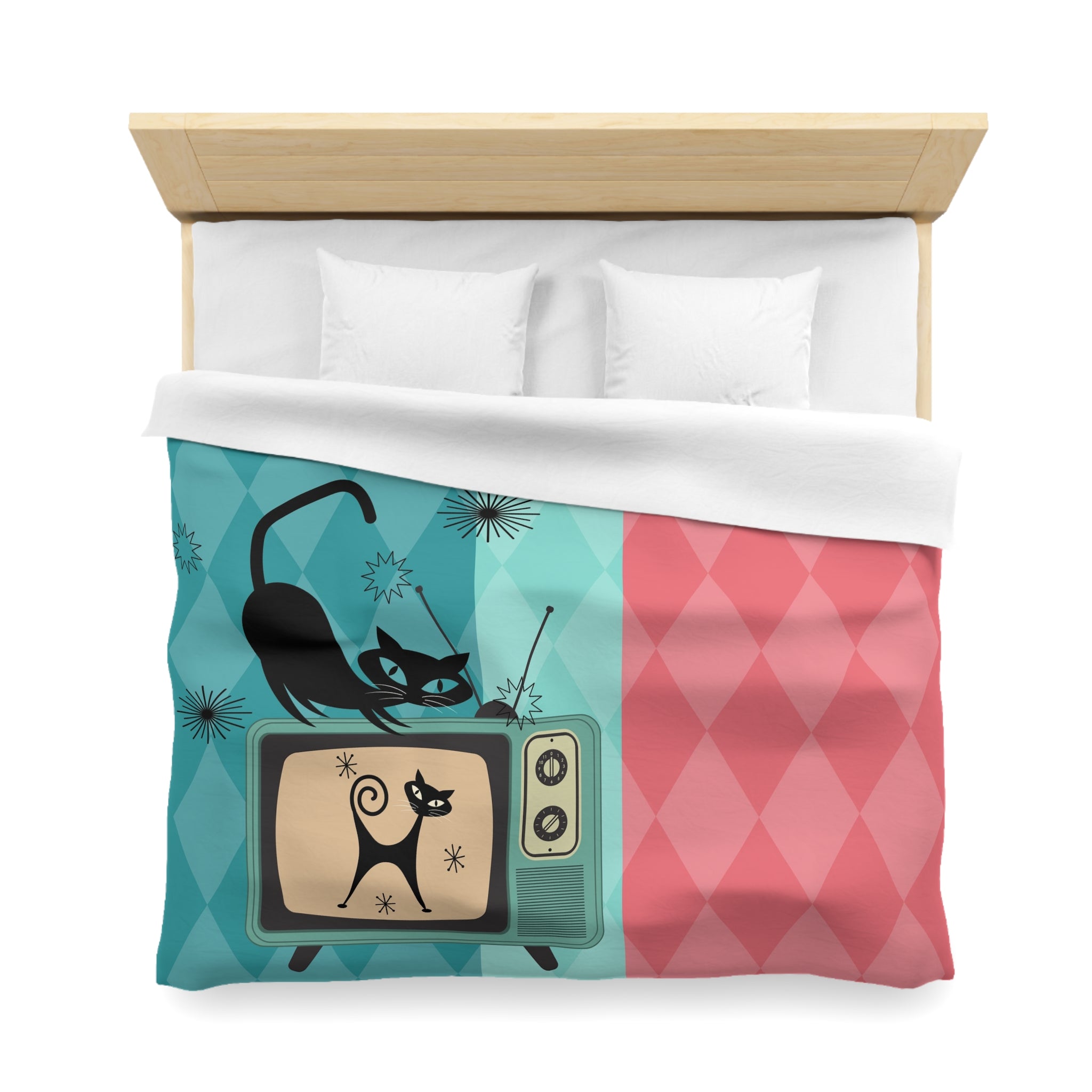 Atomic Kitties, Mid Mod Harlequin Diamond Pattern, Pink, Teal, Light Mint, Retro Mod Duvet Cover - Mid Century Modern Gal