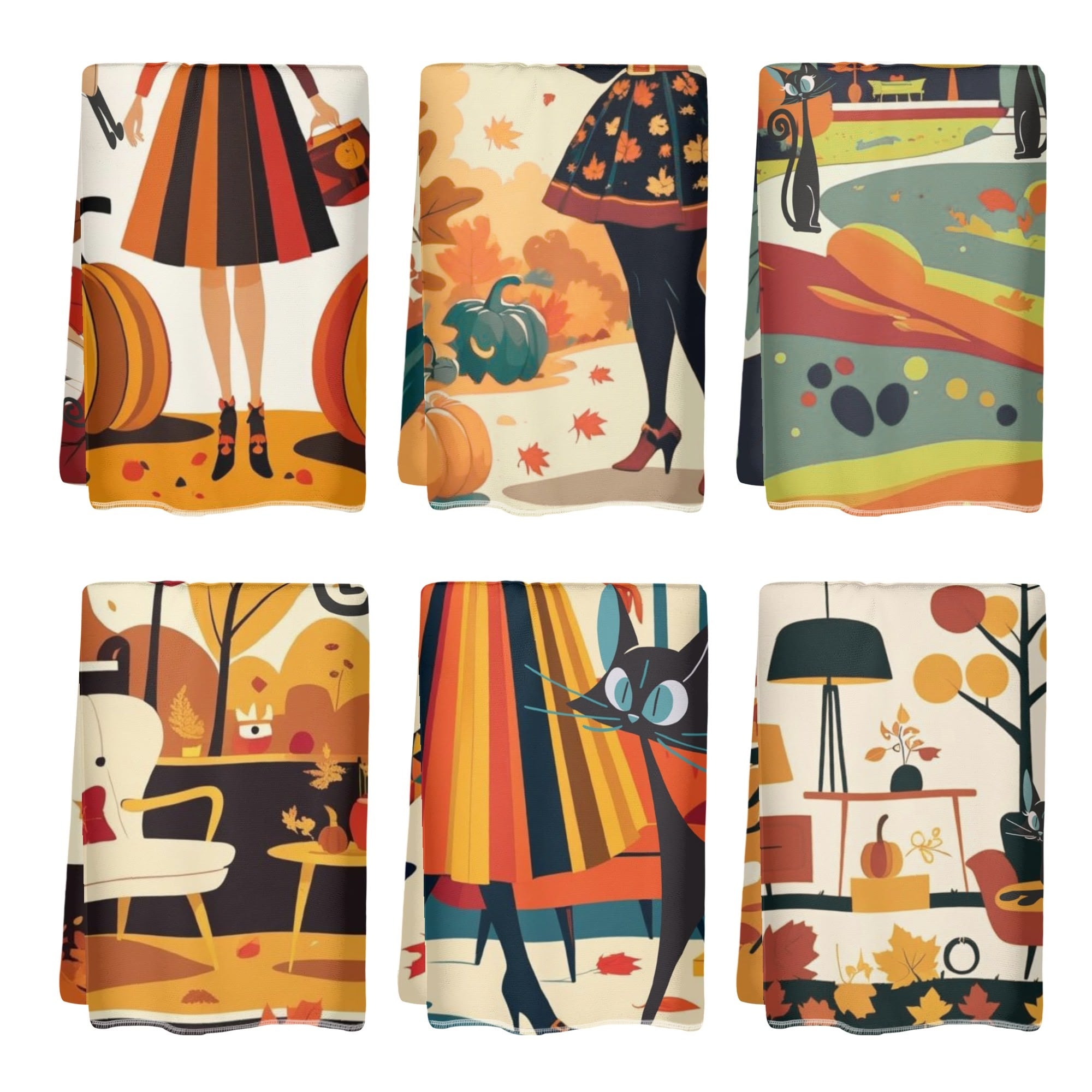 Mid Century Modern Fall Seasonal Kitchen Bath Towels, Kitschy Witches, Atomic Cats Harvest Decor - Mid Century Modern Gal