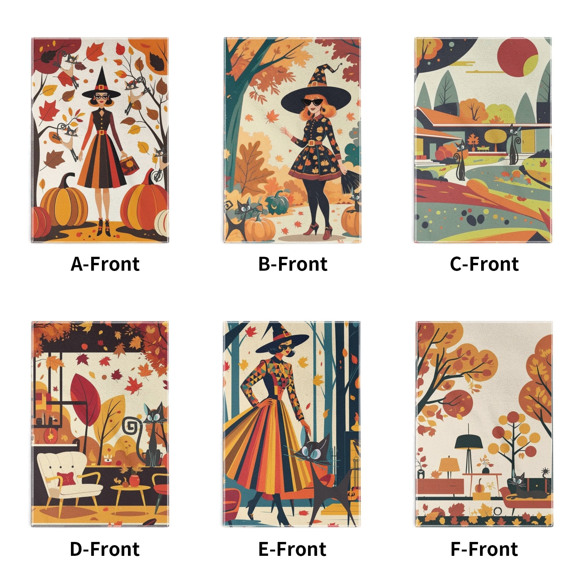 Mid Century Modern Fall Seasonal Kitchen Bath Towels, Kitschy Witches, Atomic Cats Harvest Decor - Mid Century Modern Gal