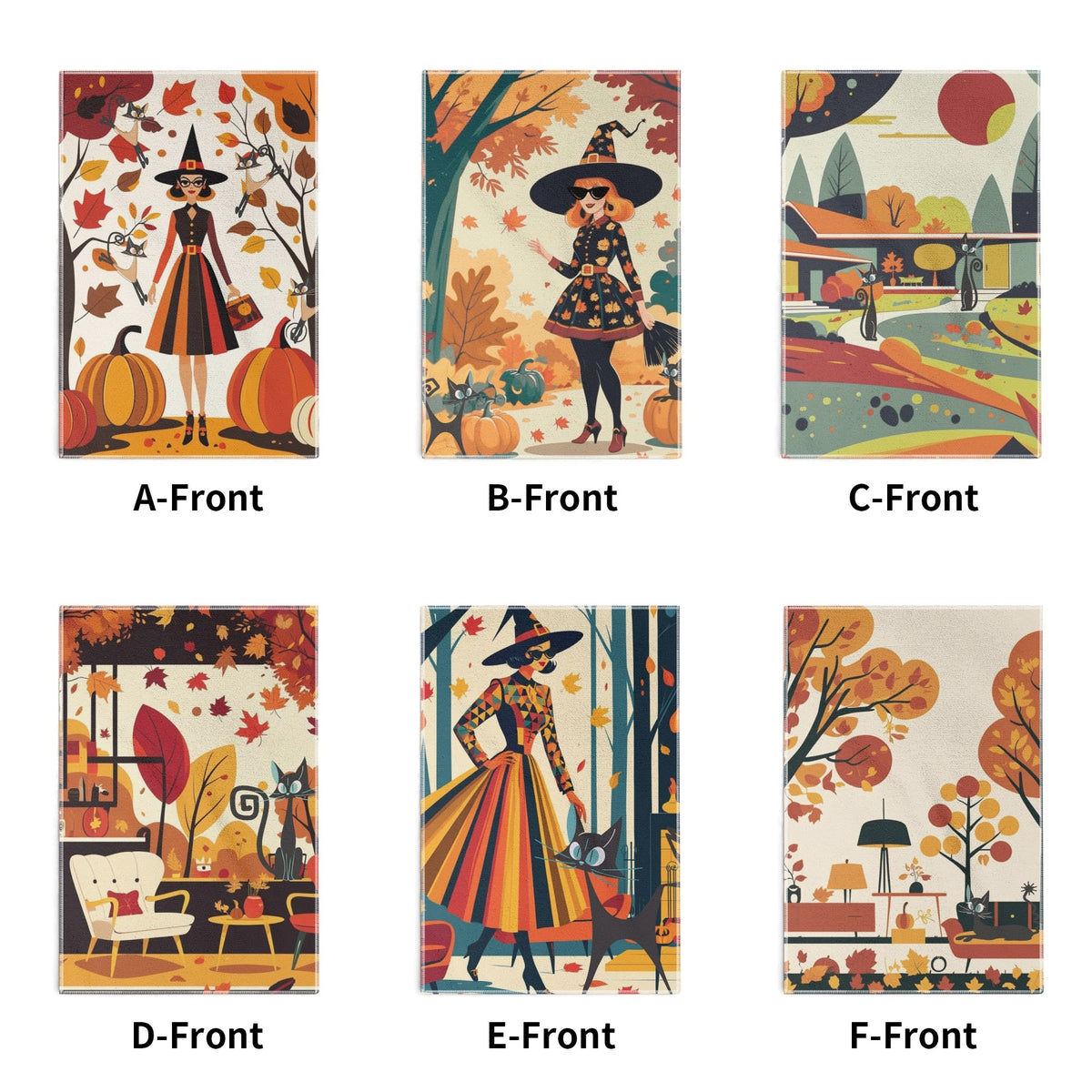 Mid Century Modern Fall Seasonal Kitchen Bath Towels, Kitschy Witches, Atomic Cats Harvest Decor - Mid Century Modern Gal
