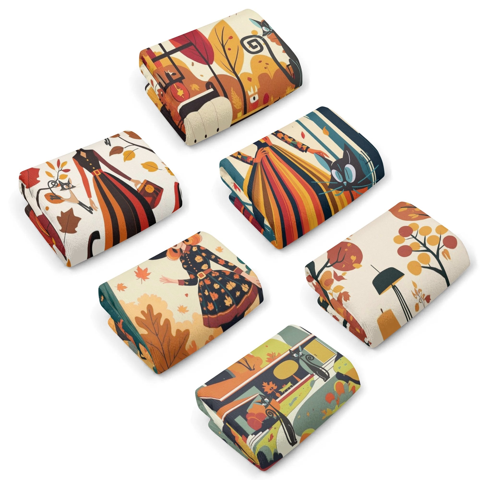 Mid Century Modern Fall Seasonal Kitchen Bath Towels, Kitschy Witches, Atomic Cats Harvest Decor - Mid Century Modern Gal