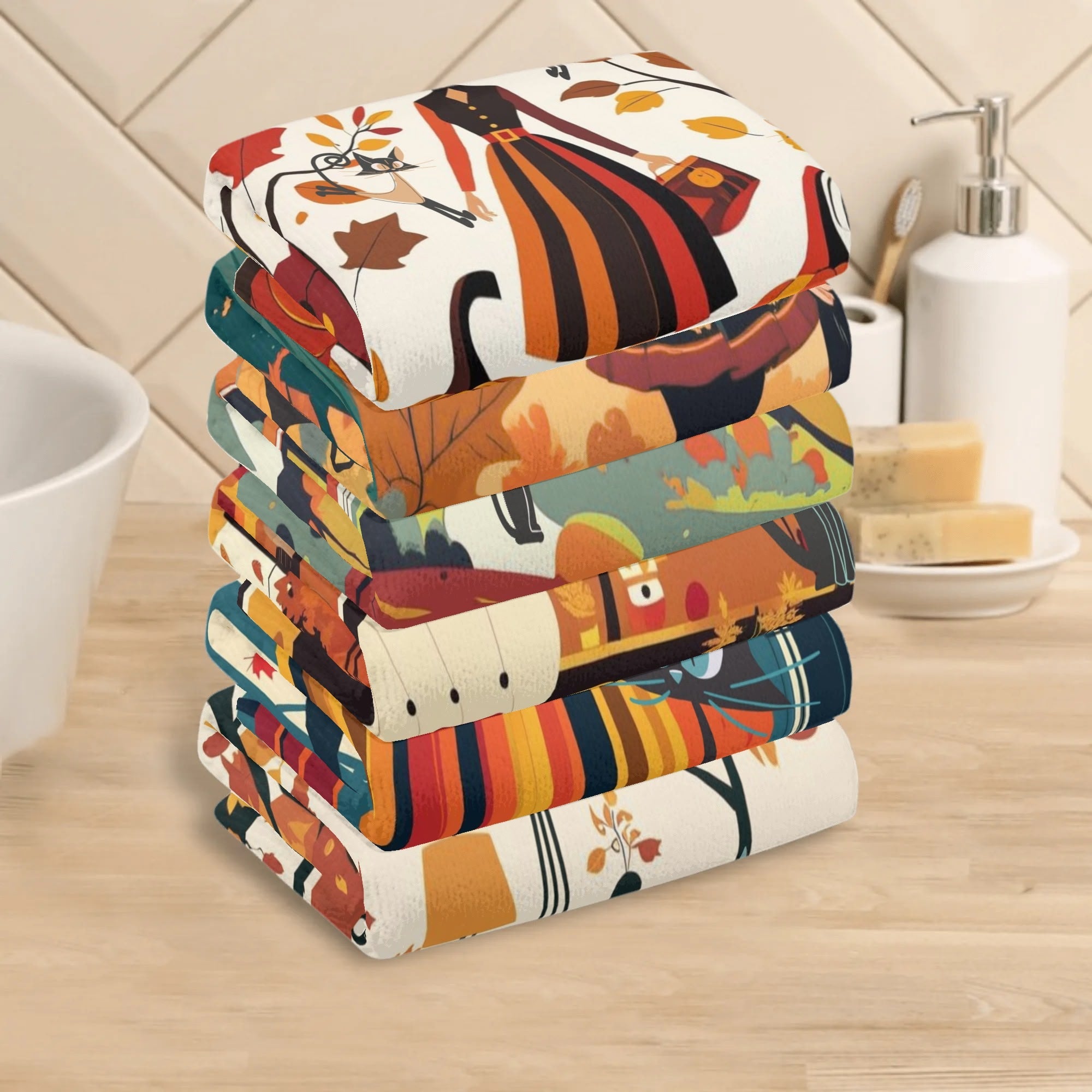 Mid Century Modern Fall Seasonal Kitchen Bath Towels, Kitschy Witches, Atomic Cats Harvest Decor - Mid Century Modern Gal