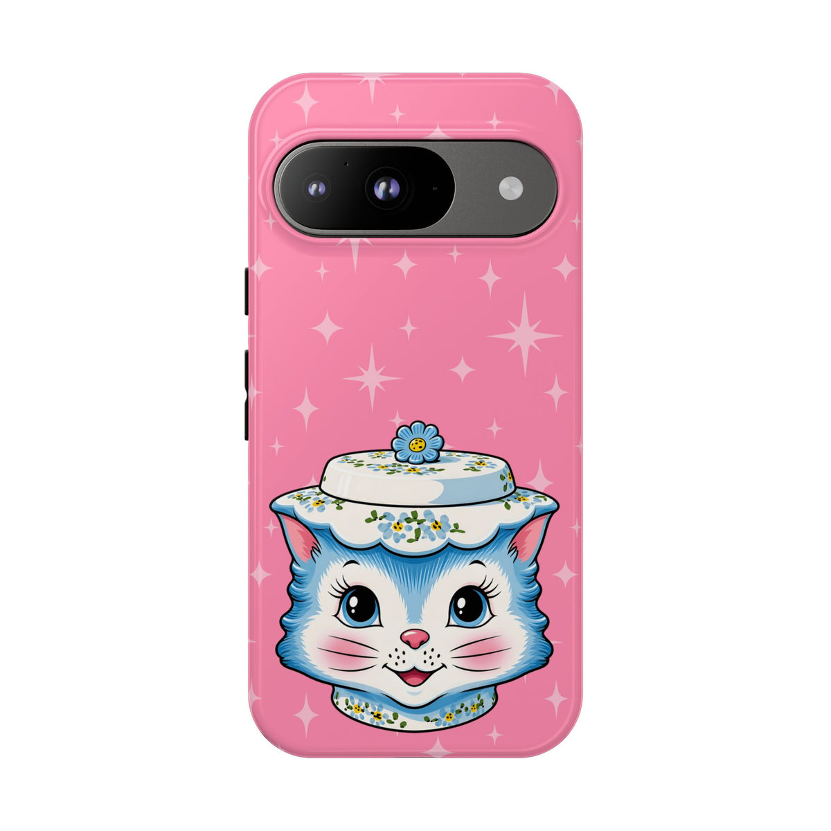 Mid Century Modern Kitschy Anthropomorphic Blue Cat with Floral Hat Tough Phone Case