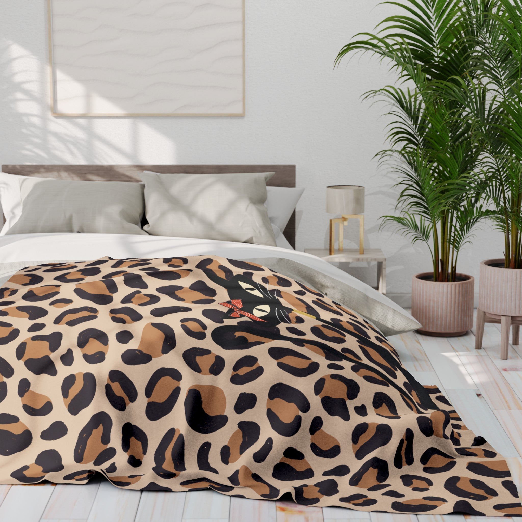 Leopard Print Atomic Cat, Cozy Lightweigt Kitschy Mid Mod Fleece Blanket - Mid Century Modern Gal