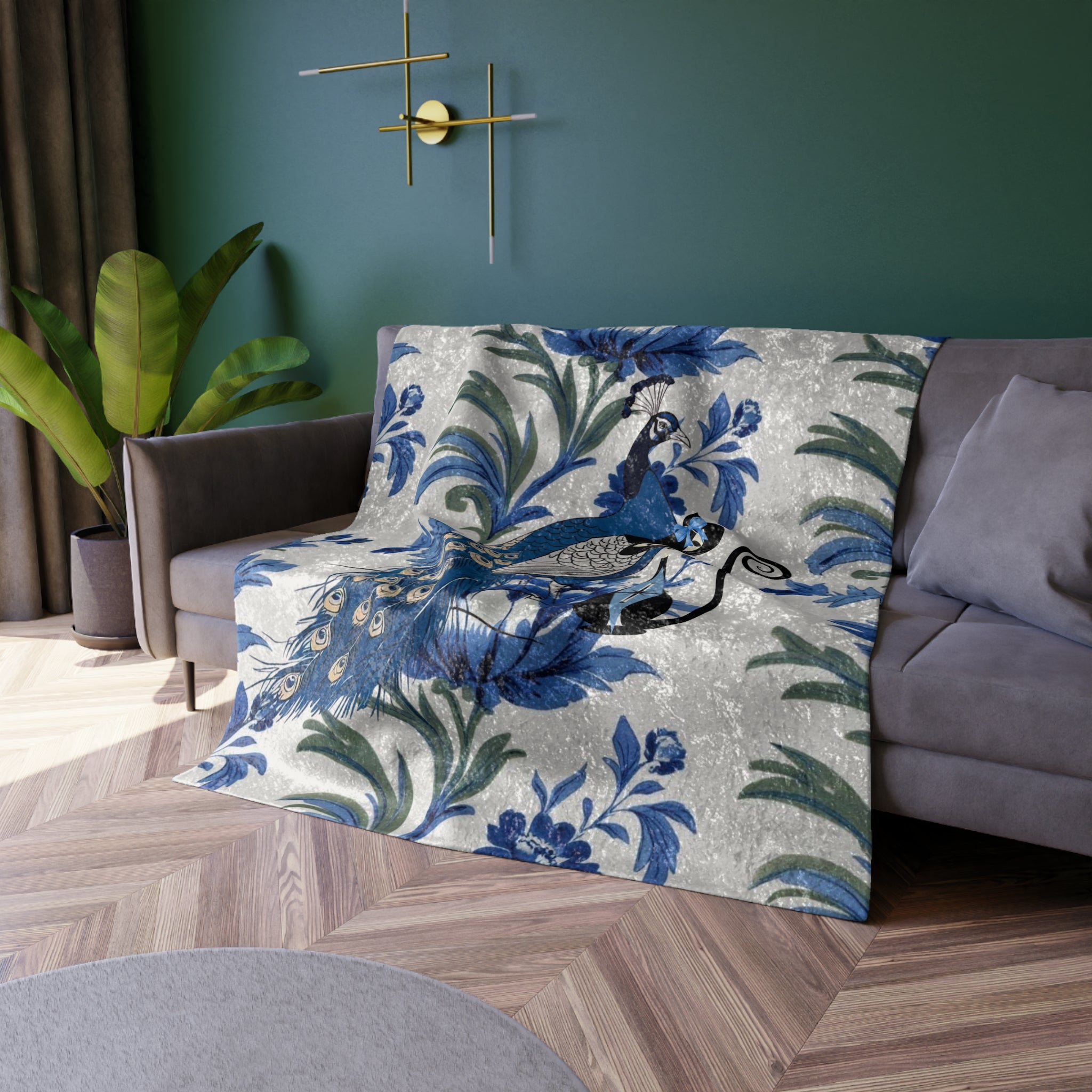 Chinoiserie Elegant Peacock, Atomic Cat Crushed Velvet Blanket - Luxurious Throw for Home Décor - Mid Century Modern Gal