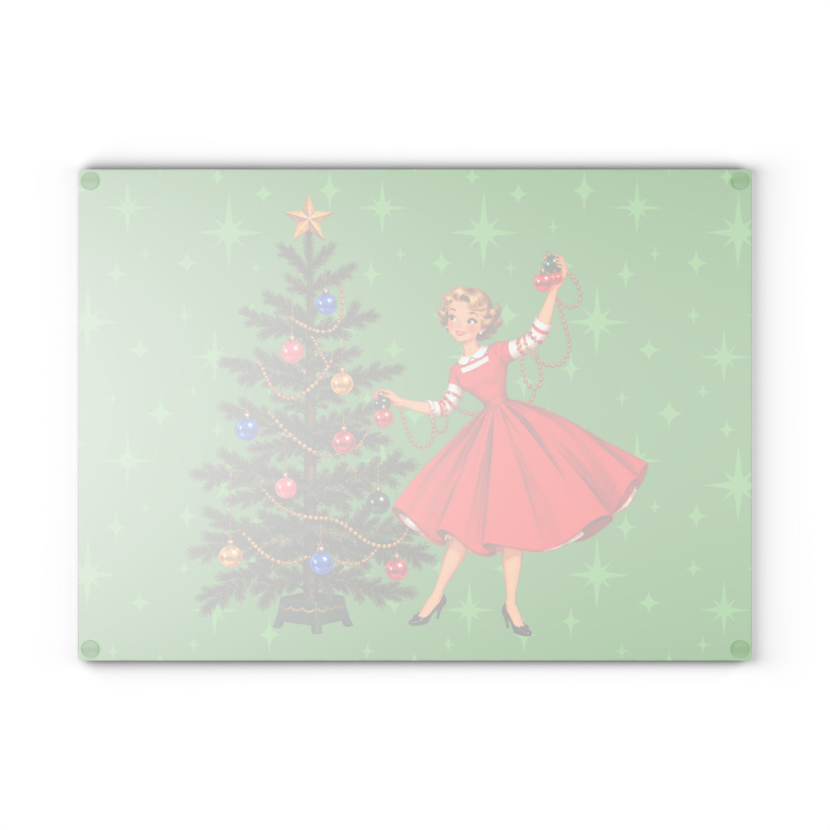 Mid Century Modern Gal Decorating Christmas Tree, Green Atomic Starbursts Glass Cutting Board
