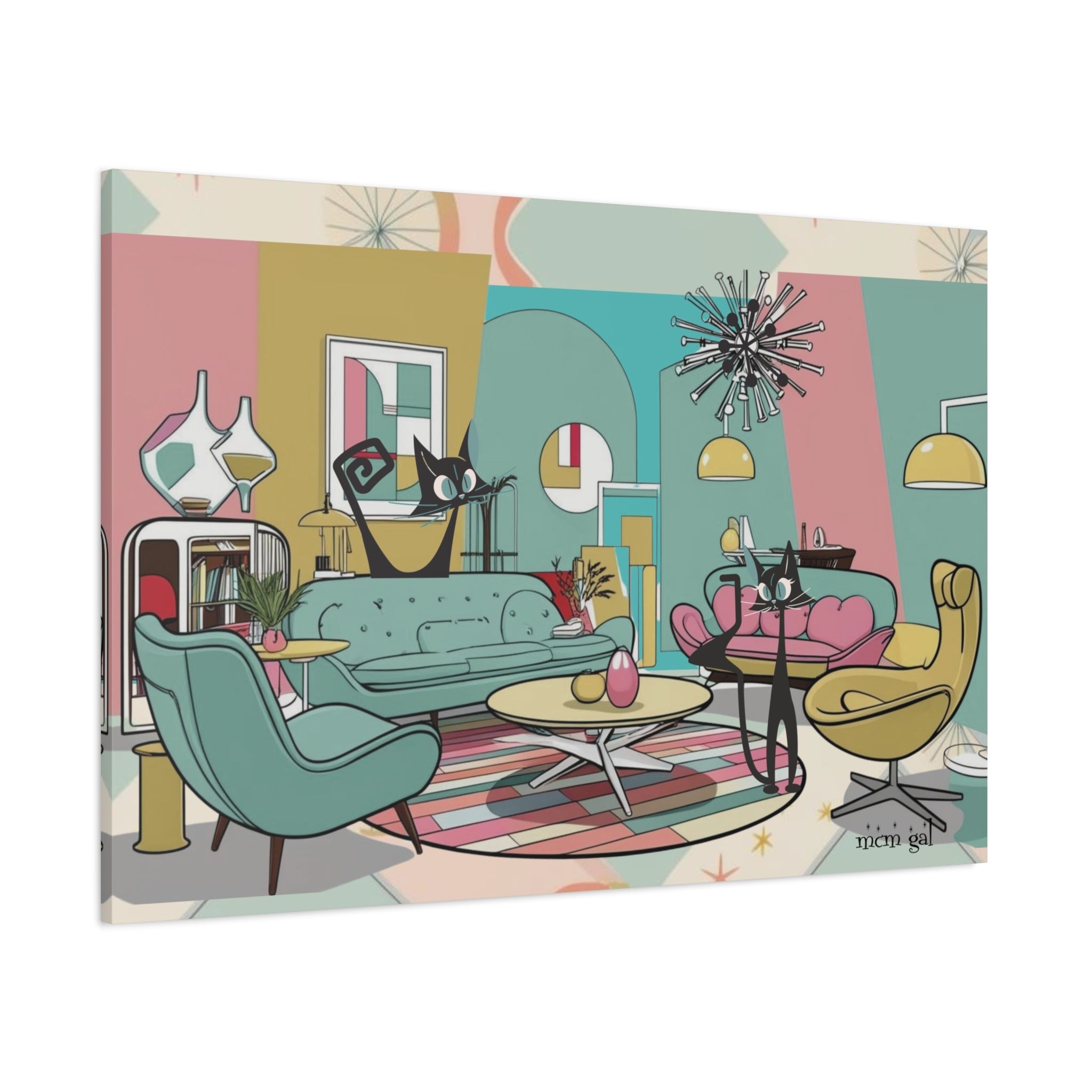 Mid-Century Modern Atomic Cat Kitschy Mod Living Room, Aqua, Pink, Starburst Original Art By MCM GAL - Mid Century Modern Gal