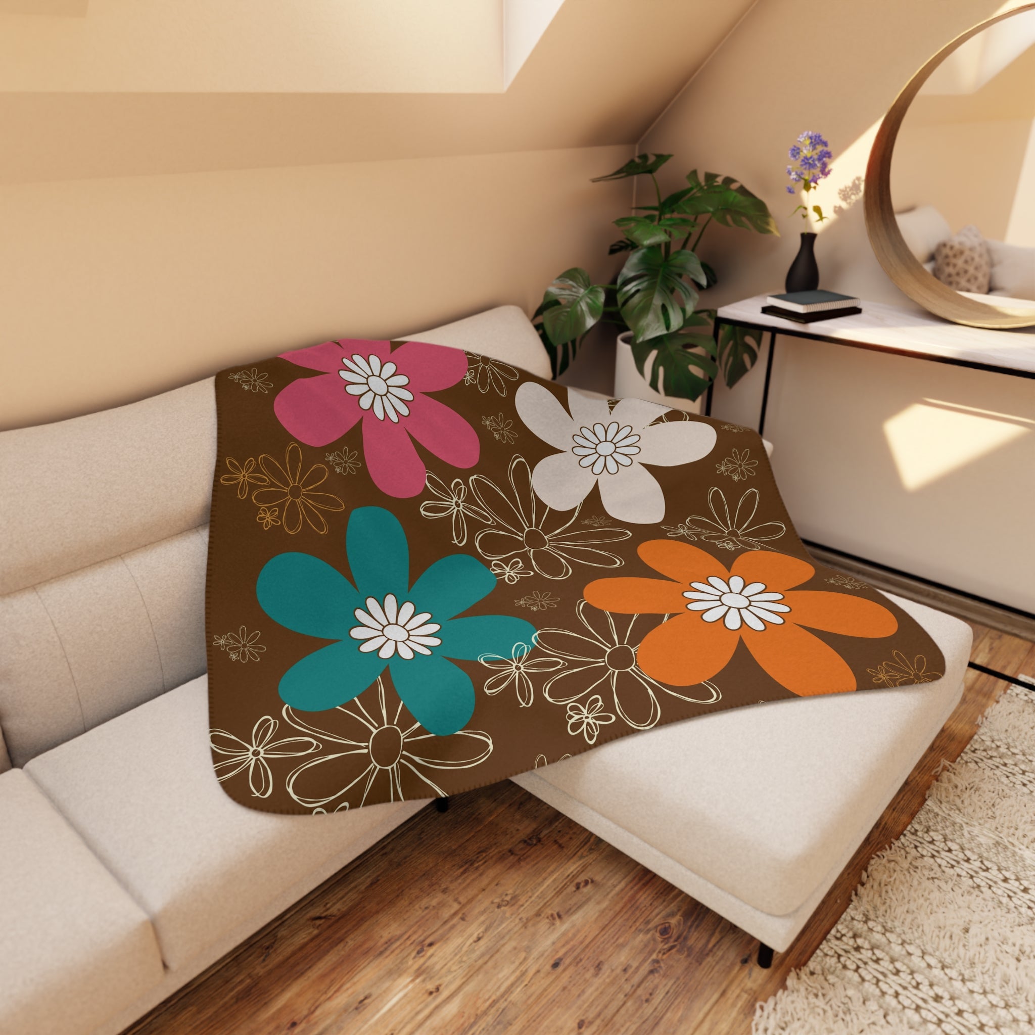 Retro Flower Power Brown, Orange Teal Pink Mid Mod Cozy Floral Tan Sherpa Blanket for Home & Gifts - Mid Century Modern Gal