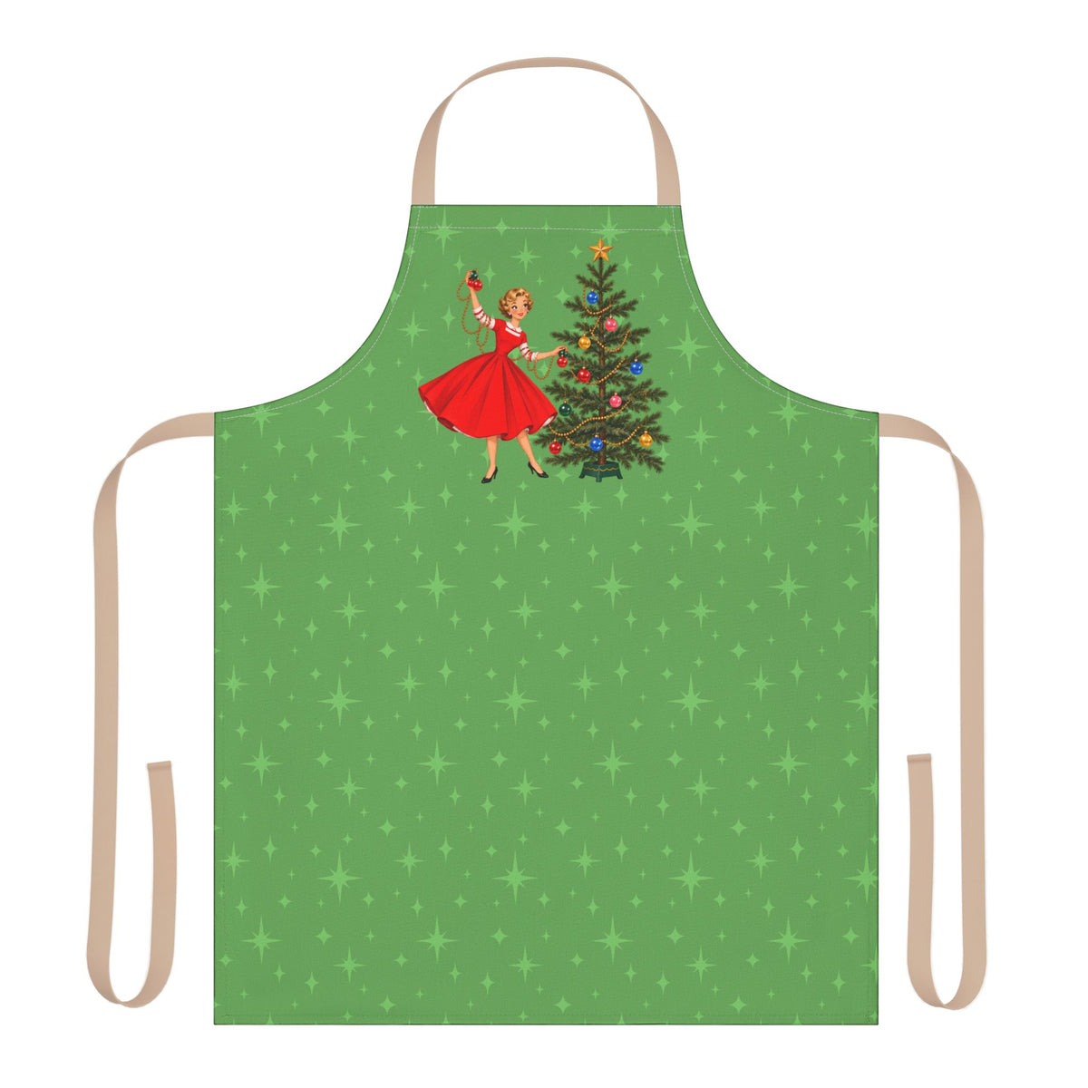 Mid Century Modern Gal Decorating Christmas Tree, Green Atomic Starbursts Apron