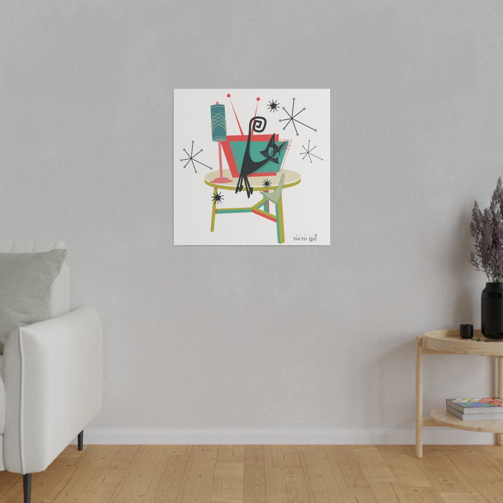 Atomic Cat Art, Quirky Kookie Mid Century Modern Matte Canvas - Mid Century Modern Gal
